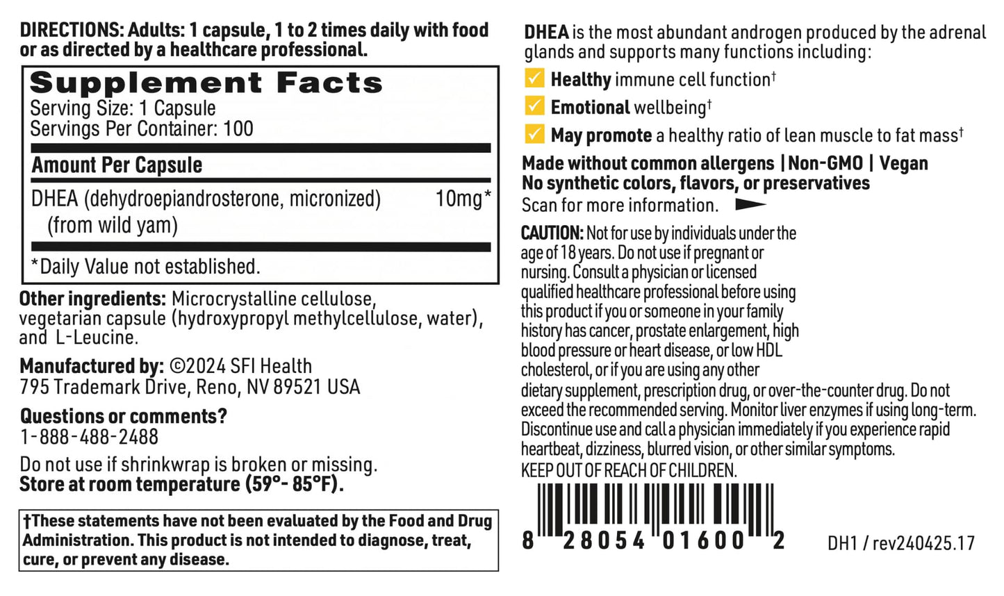 SFI Health DHEA 10 mg Capsules, 100 Count