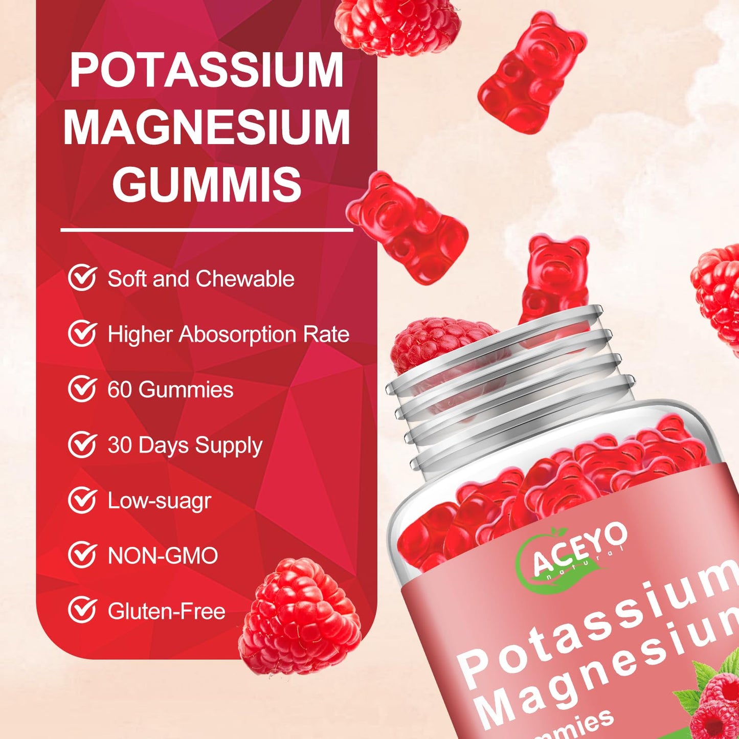 ACEYO Potassium Magnesium Gummies, 120 Count