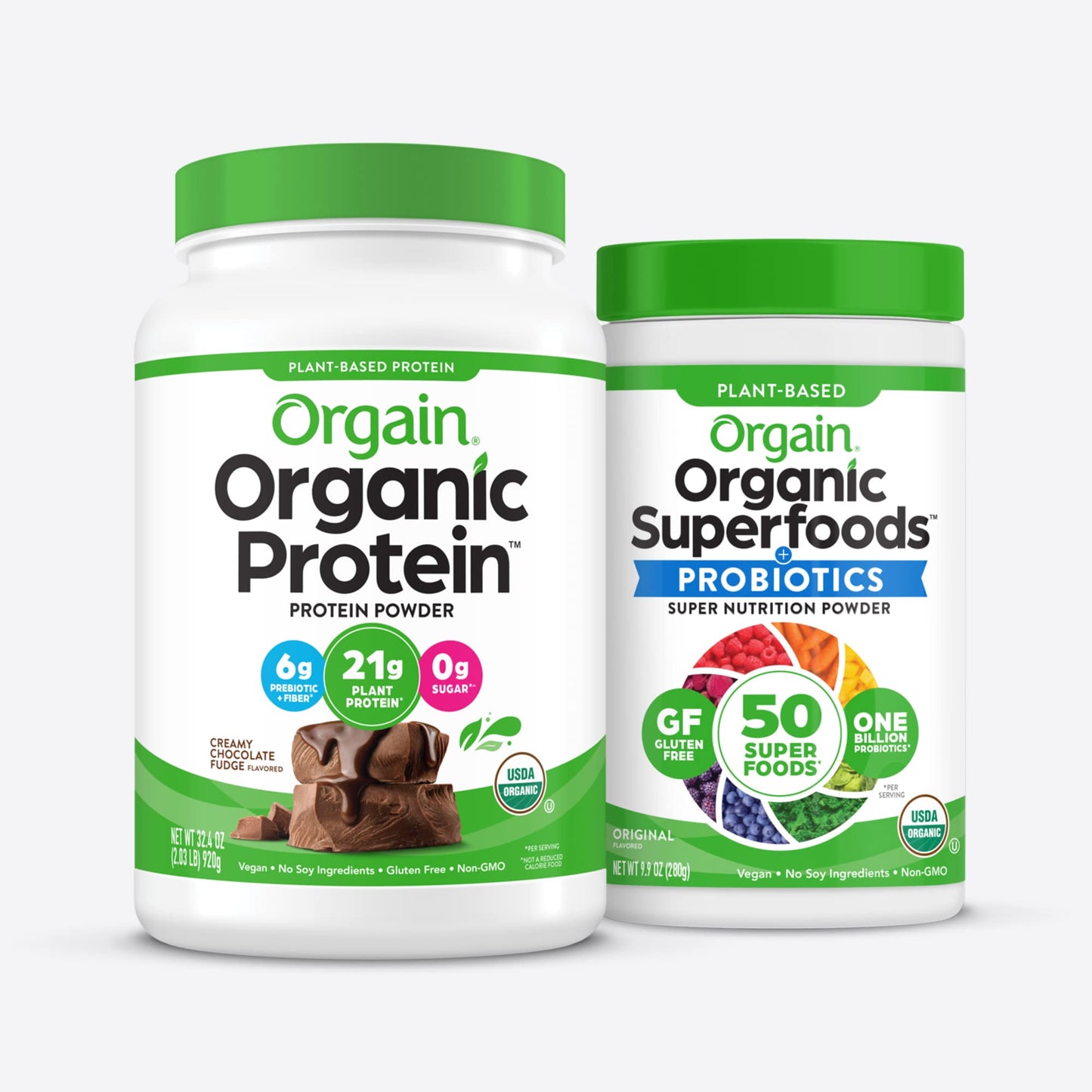 Orgain Organic Vegan Protein Powder + Orgain Organic Greens Powder Superfood Blend, 2 Piece Set, 1 Count