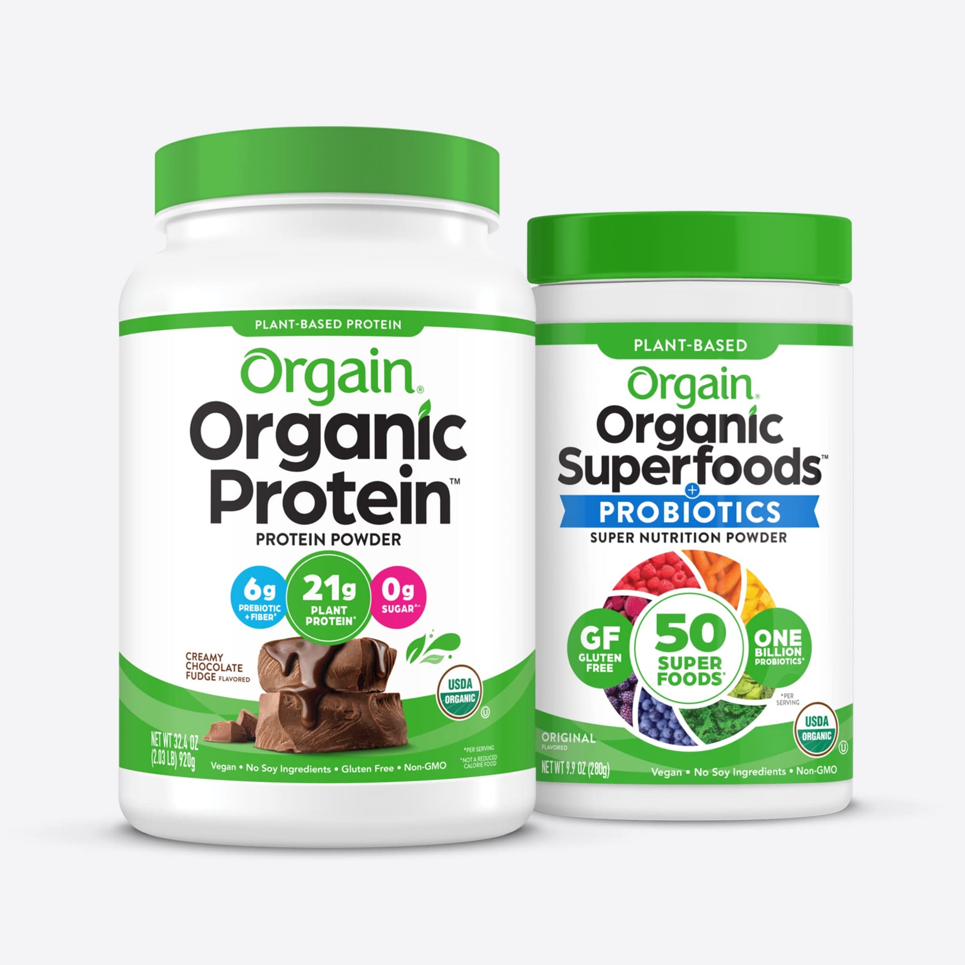 Orgain Organic Vegan Protein Powder + Orgain Organic Greens Powder Superfood Blend, 2 Piece Set, 1 Count