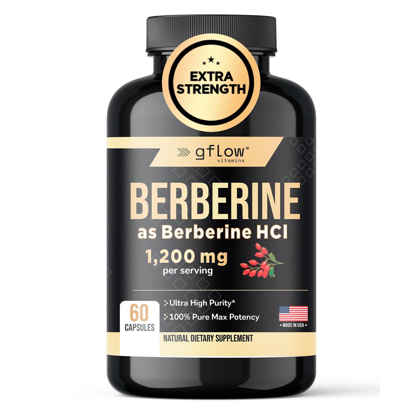 gflow vitamins Berberine HCl 1200 mg Capsules 60 Count