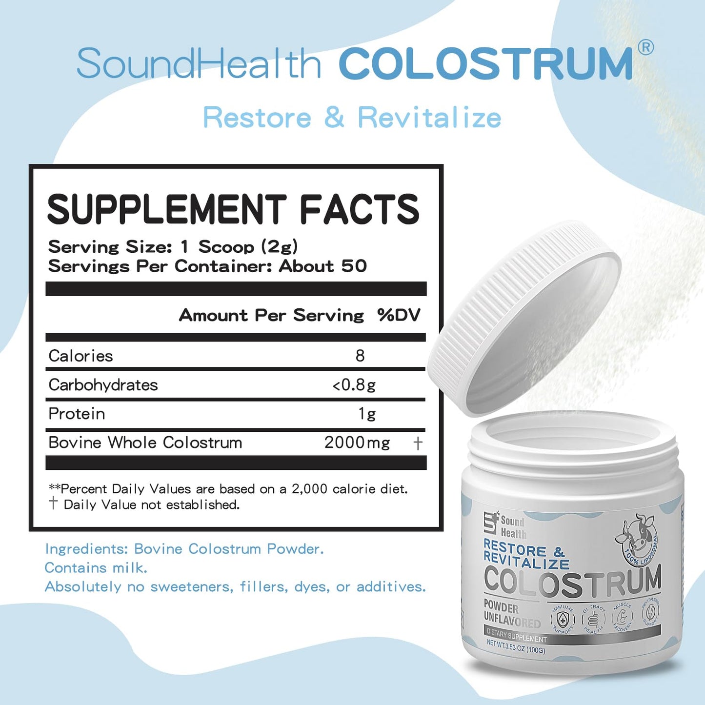 Sound Health Supplements Colostrum Supplement Powder 50 Servings