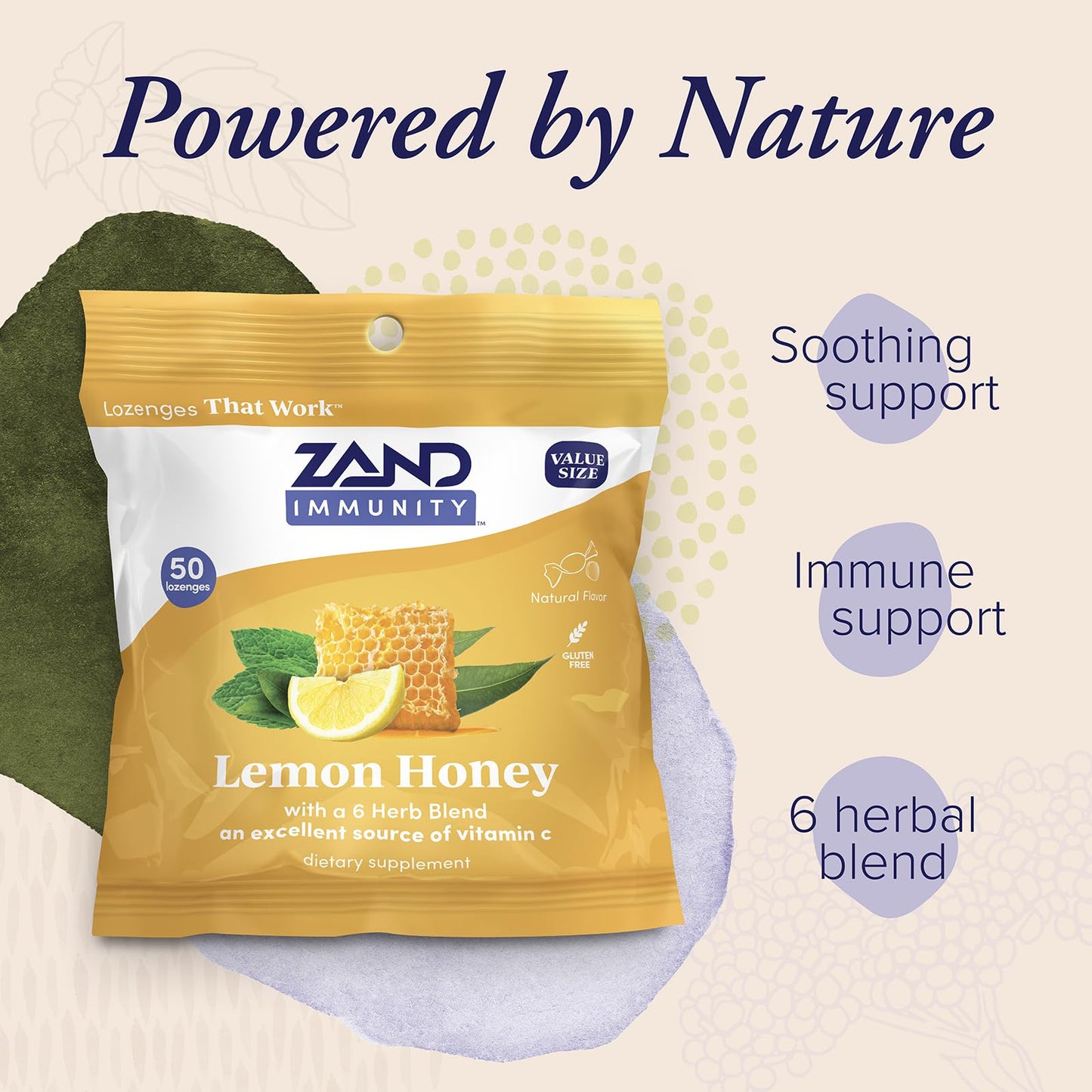 ZAND Immunity Lemon Honey Throat Lozenges with Vitamin C, Organic Honey, 50 Lozenges