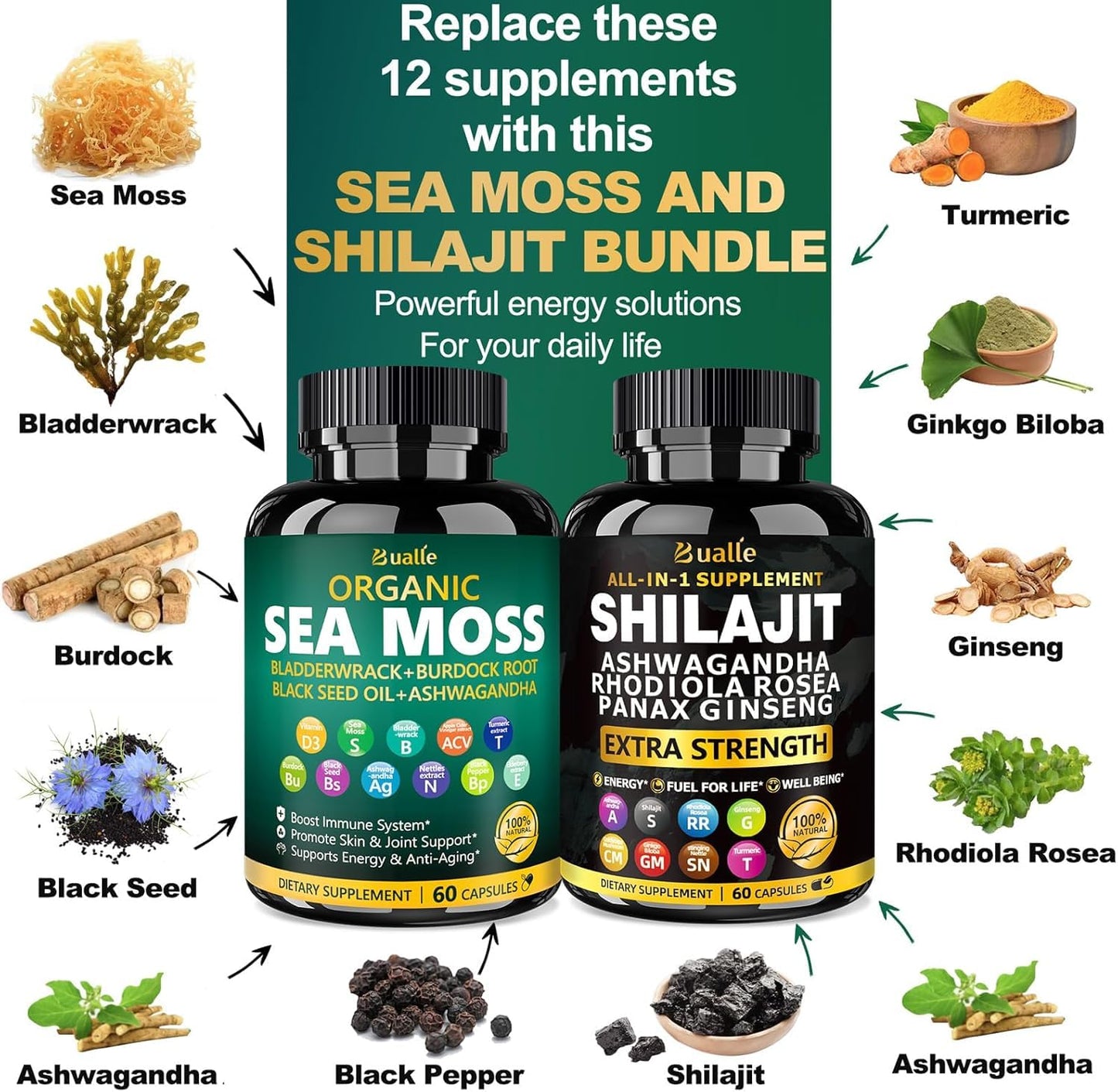 Bermellon Sea Moss & Shilajit Capsules for Energy Boost, 120 Count