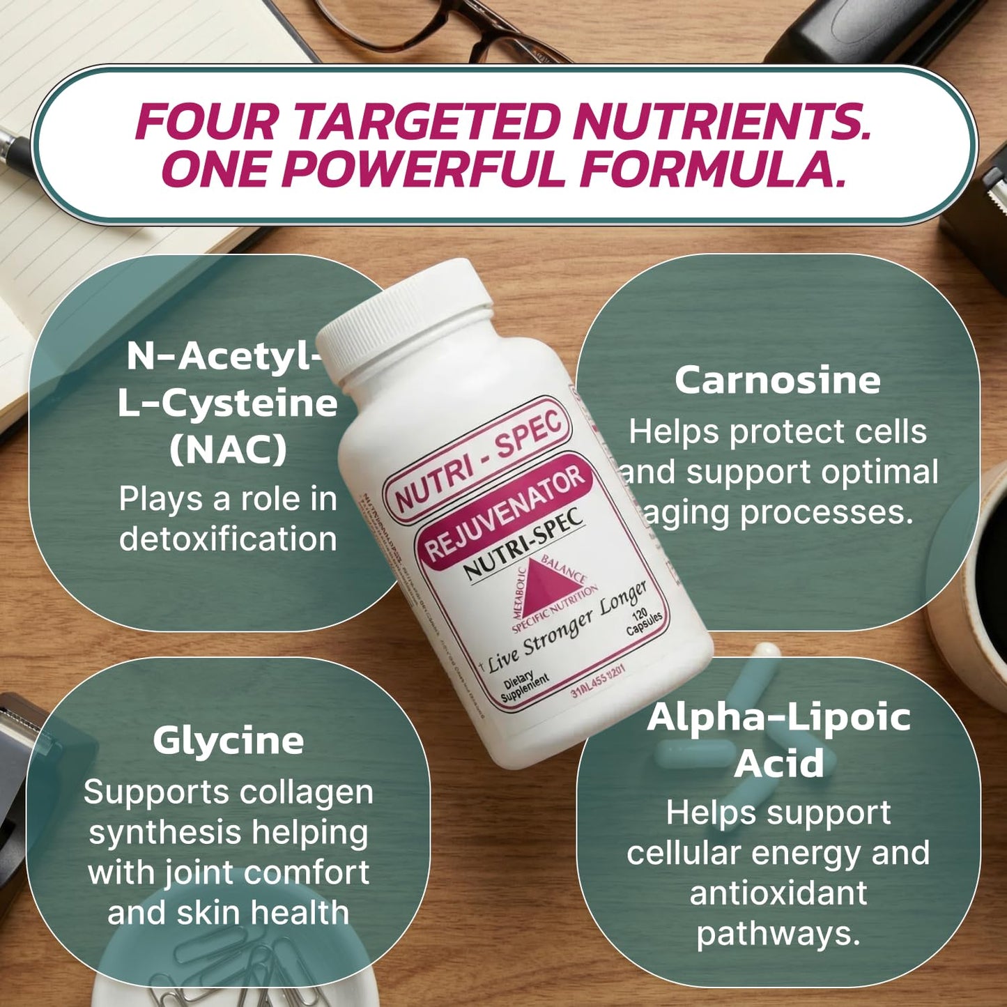 Nutri-Spec Rejuvenator Anti-Aging Supplement Antioxidant Cellular Support with Alpha Lipoic Acid, NAC, L-Carnosine & Glycine, 120 Capsules