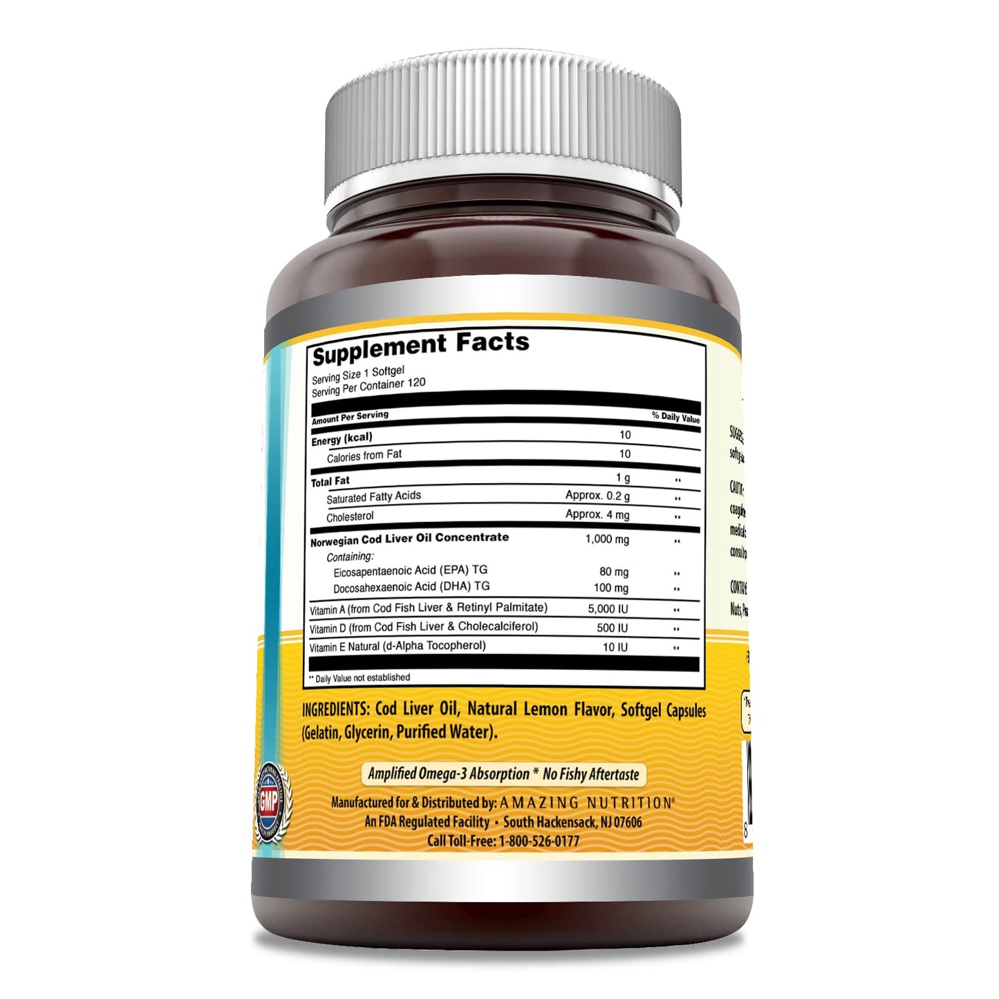 Amazing Nutrition Omega Norwegian Cod Liver Oil 1000 mg Softgels Lemon 120 Count