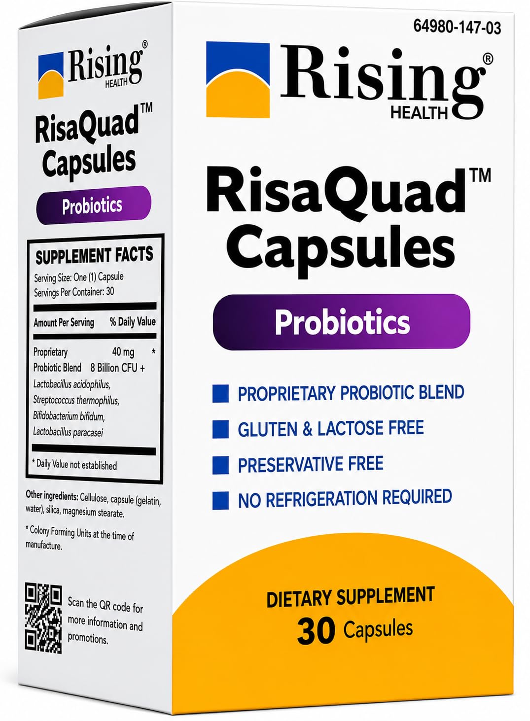 Rising RisaQuad Probiotic Capsules 40 mg (8 Billion CFU+) Proprietary Probiotic Blend for Daily Digestive & Gut Health Support, 30 Capsules