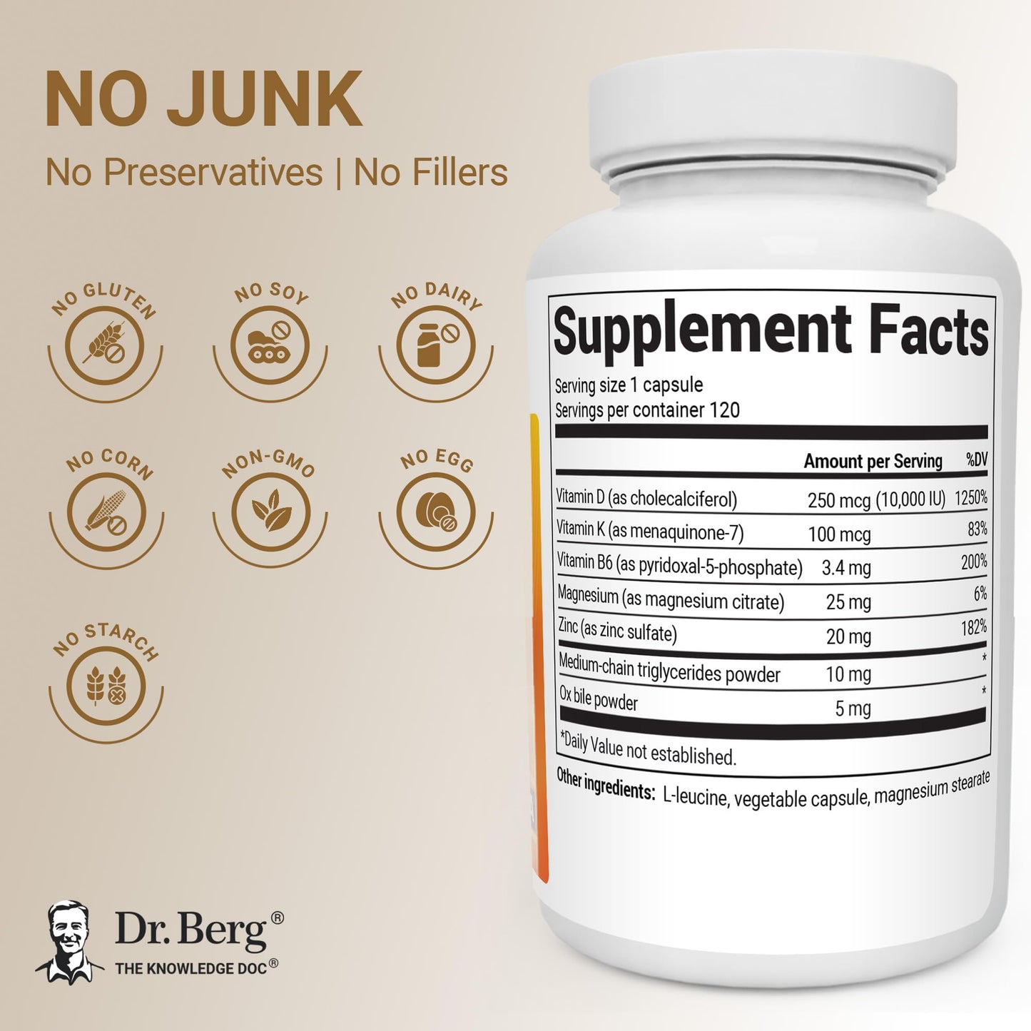 Dr. Berg Nutritionals Maximum Strength 7-in-1 Vitamin D3 K2 10,000 IU Naturally Derived D3 4X Lab-Tested & Verified High Absorption Formula K2 D3 Vitamin Supplement 120 Capsules
