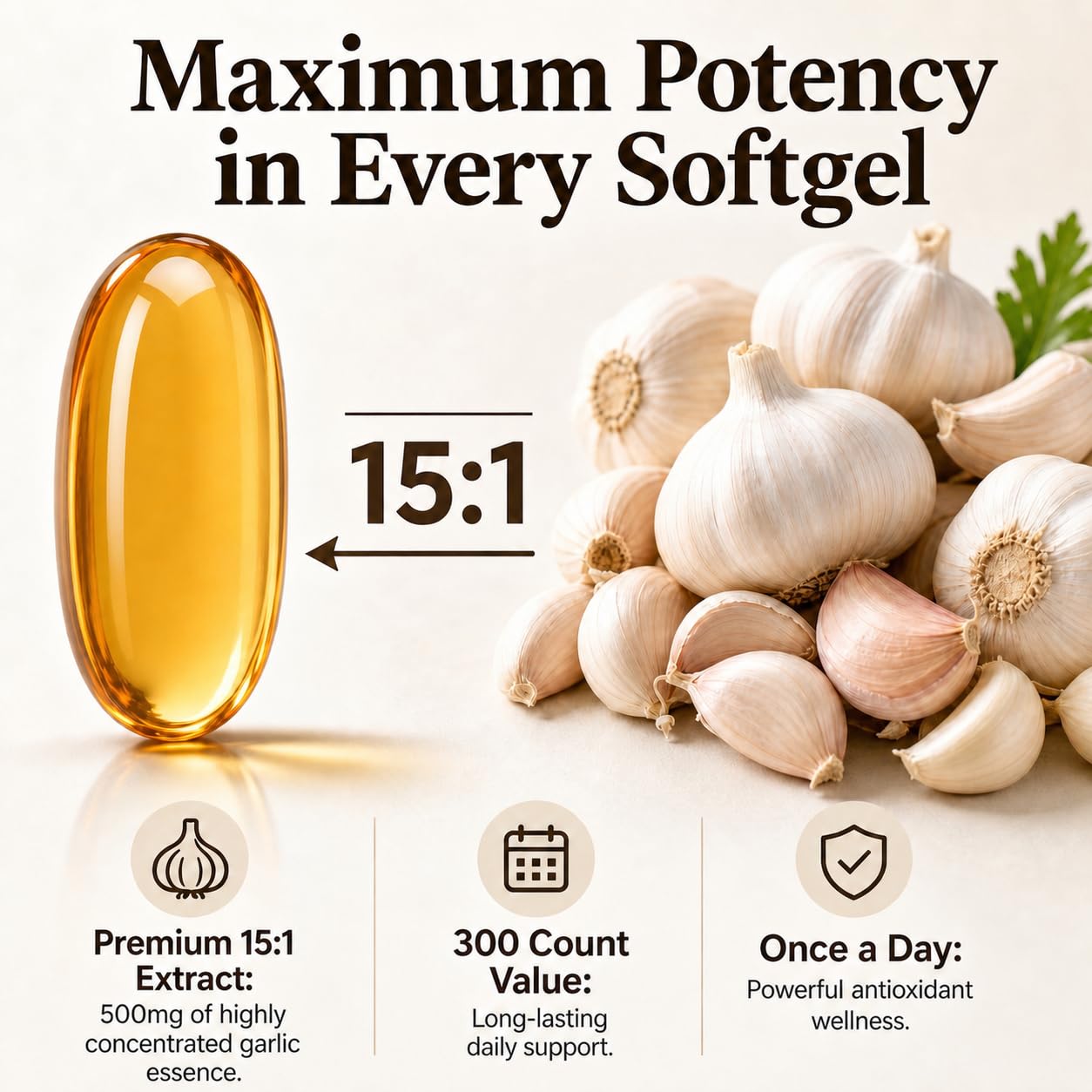 mhinese Aged Garlic Extract - Odorless Supplement for Daily Vitality & Wellness, 15:1 Extract Softgels, 300 Softgels