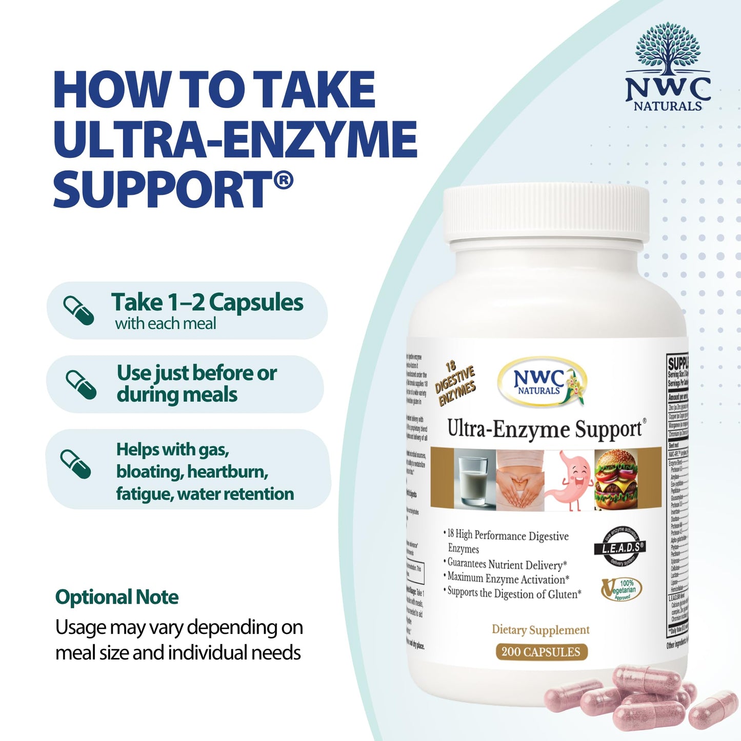 NWC Naturals Ultra-Enzyme Support Digestive Enzyme Supplement Powder 200 Count