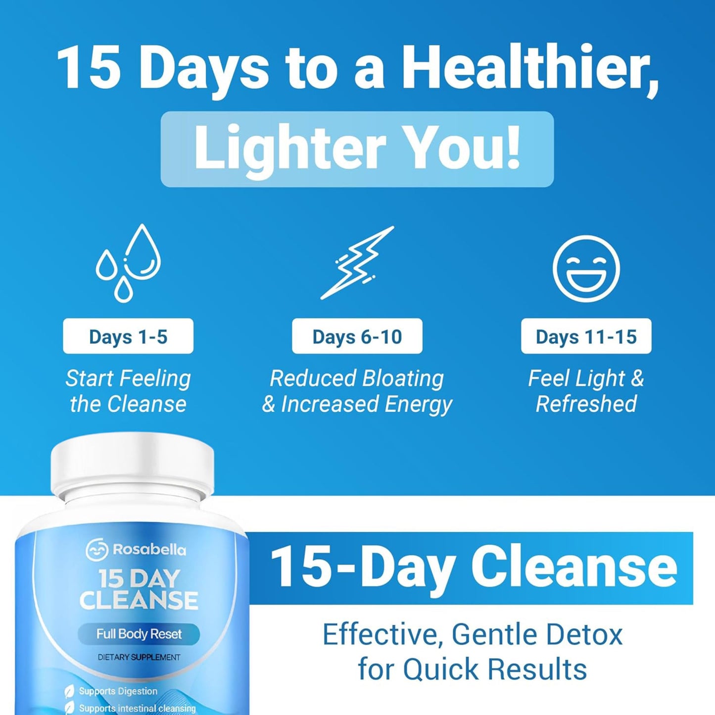 Rosabella 15 Day Cleanse Full Body Detox & Colon Cleanse for Men & Women Detox Capsules for Digestive Health & Bloating Relief, Doctor-Formulated Non-GMO, 30 Count