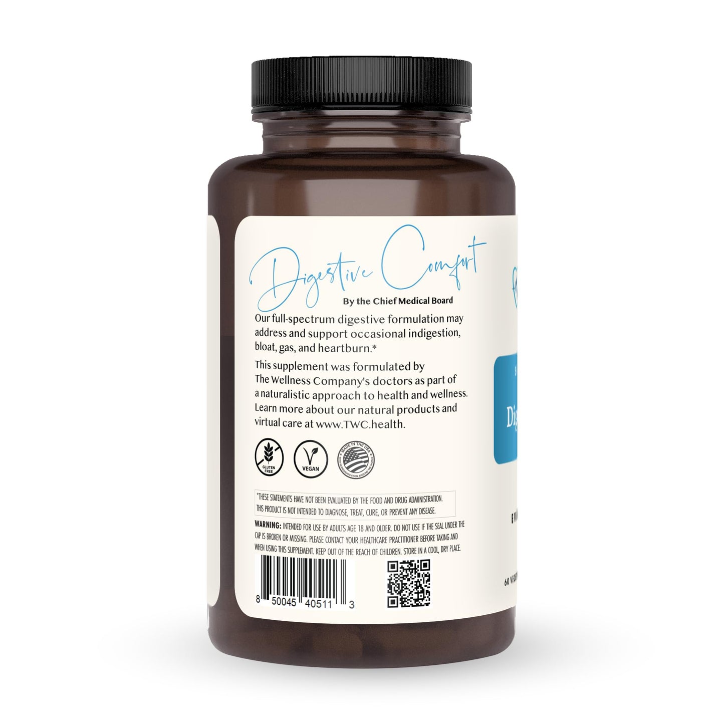 The Wellness Company Digestive Comfort - Bloat & Gas Relief, Anti-Heart Burn, IBS, Fast Acting, Gut Health - 5 Enzymes, Peppermint & Ginger Root Capsule 60 Count