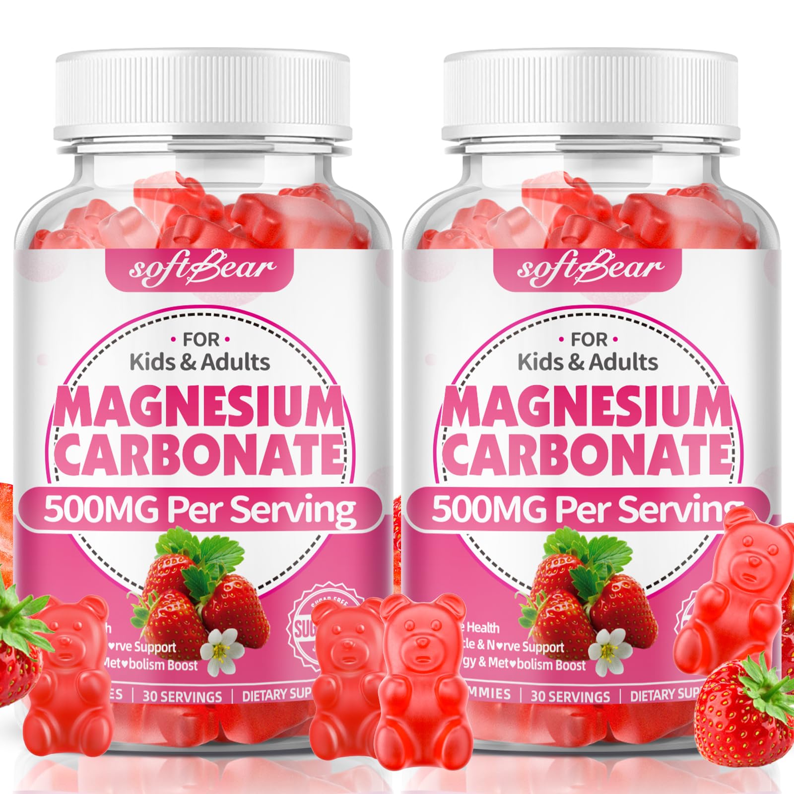 softbear Magnesium Carbonate Gummies 500mg, Sugar-Free, Vegan/Organic Strawberry Flavor, 120 Gummies