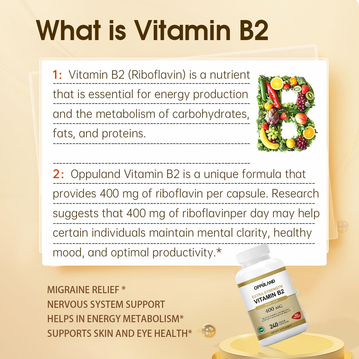 Oppuland Riboflavin Vitamin B2 Supplement 400 mg Capsules, 240 Count