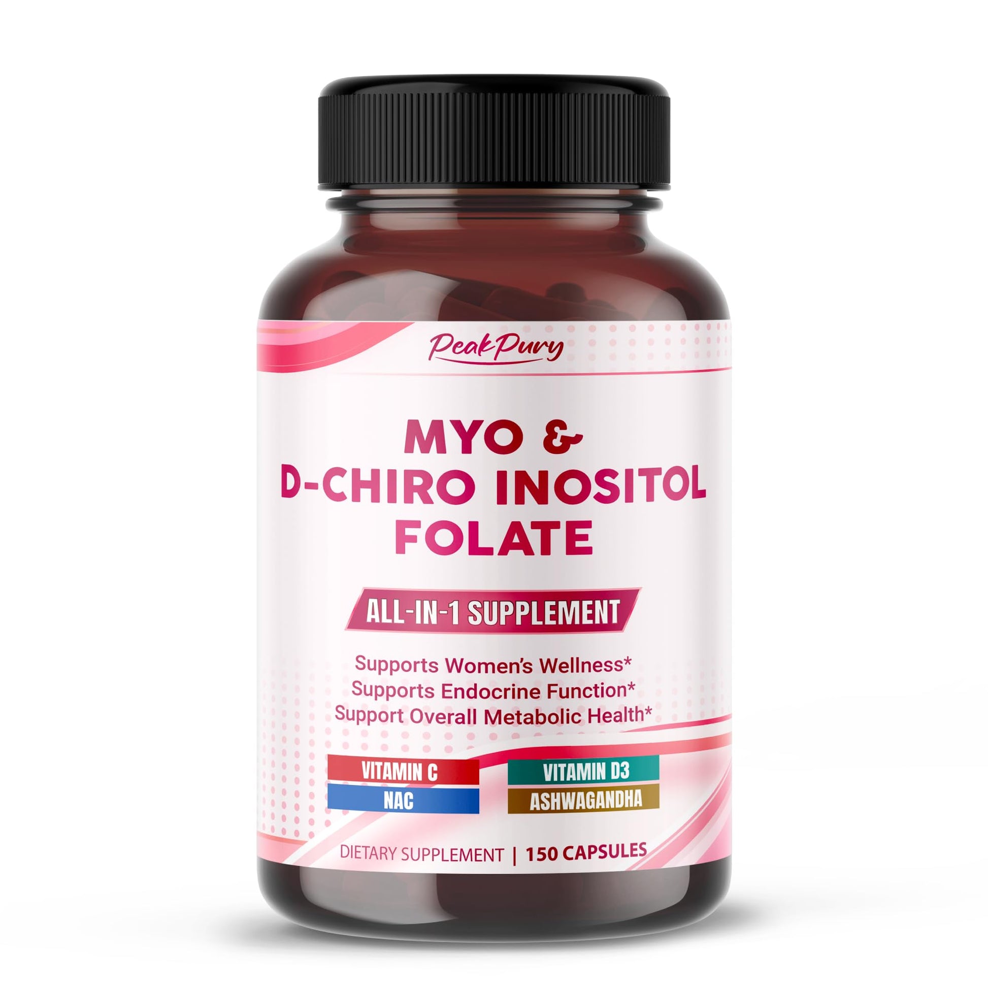 PEAKPURY Ultra Myo & D-Chiro Inositol with Folate, Vitamin C & D3 - All-in-1 Supplement for Healthy Cycles, Hormonal Balance & Metabolic Support - 150 Capsules