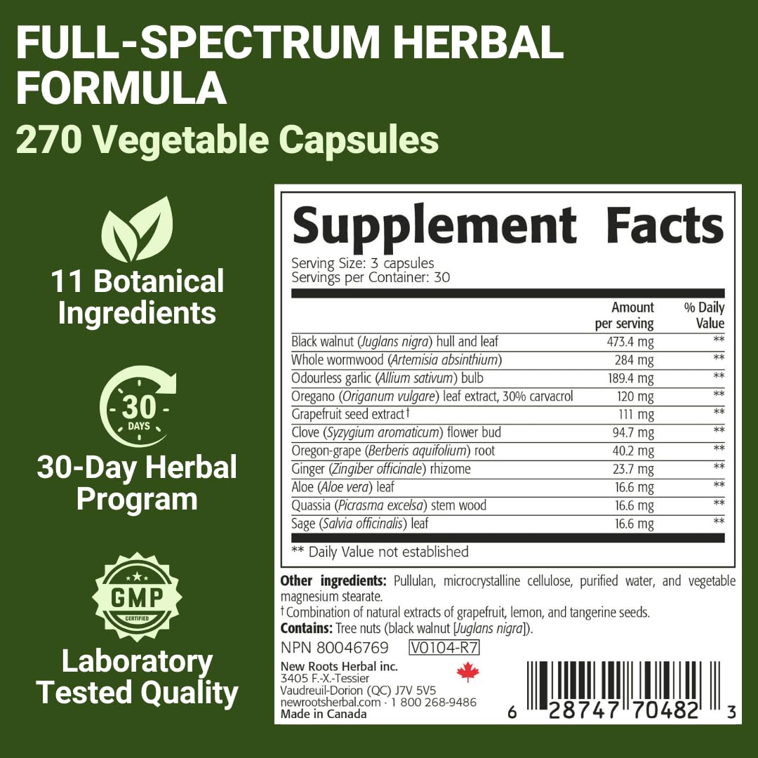 New Roots Herbal para Care 11-in-1 Herbal Formula 30-Day Gut Detox Cleanse Supplement Capsules, 270 Capsules