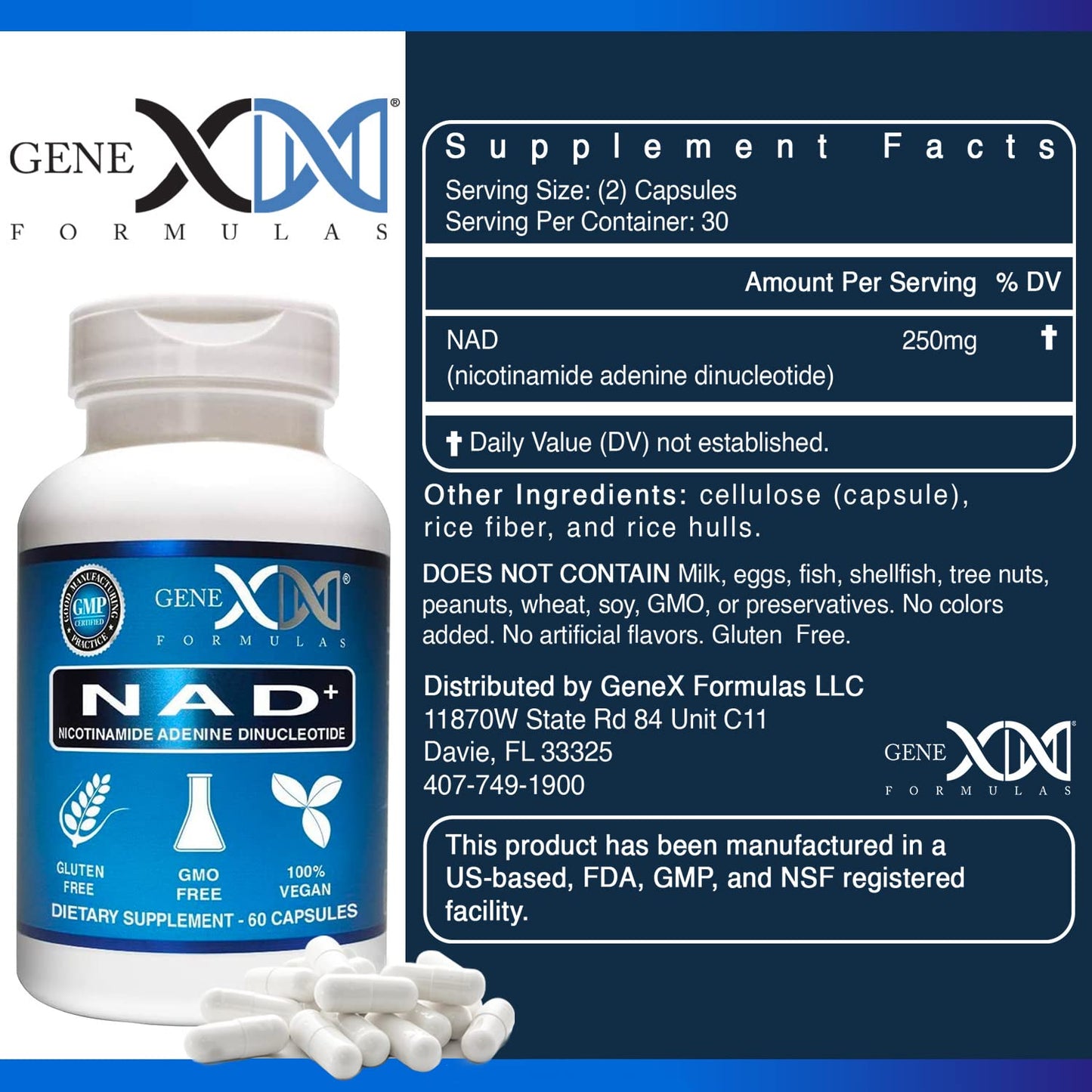 Genex Formulas NAD+ 250mg Capsules, 60 Count