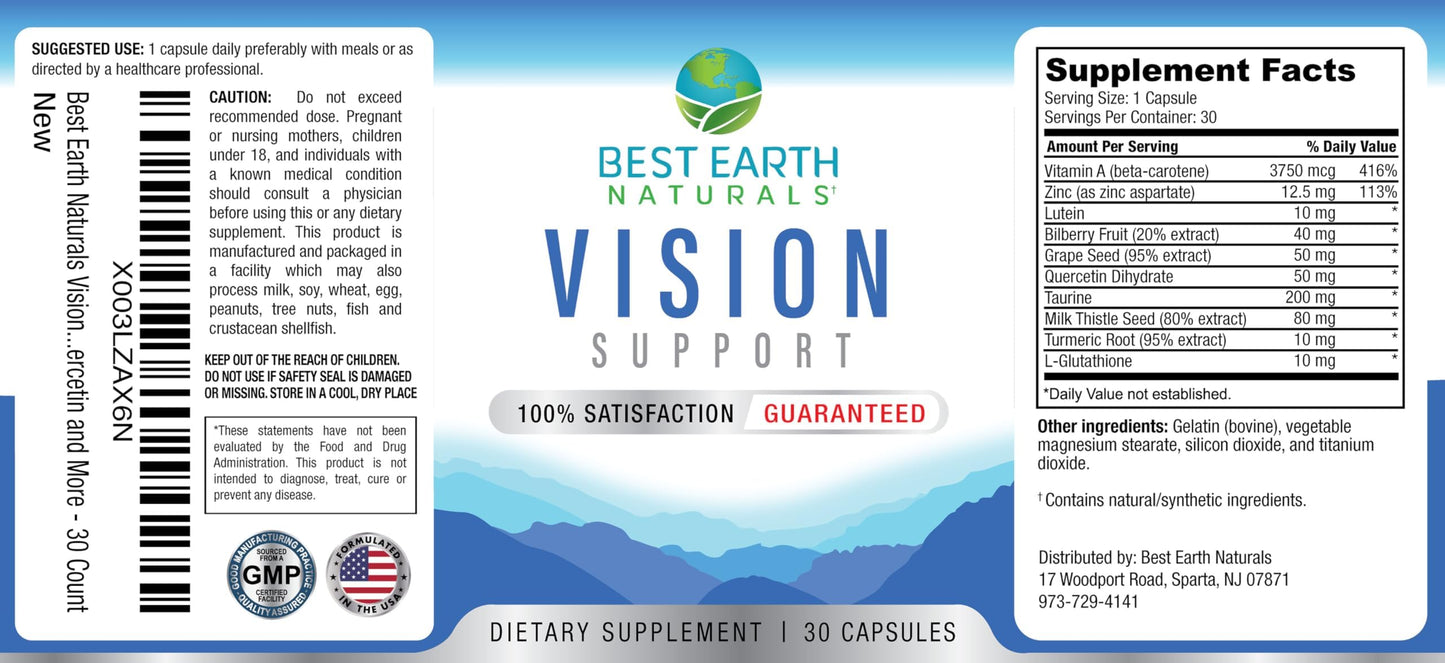 Best Earth Naturals Vision Support Formula Supplement with Eye Vitamins, Lutein, Vitamin A, Quercetin and More Capsule 30