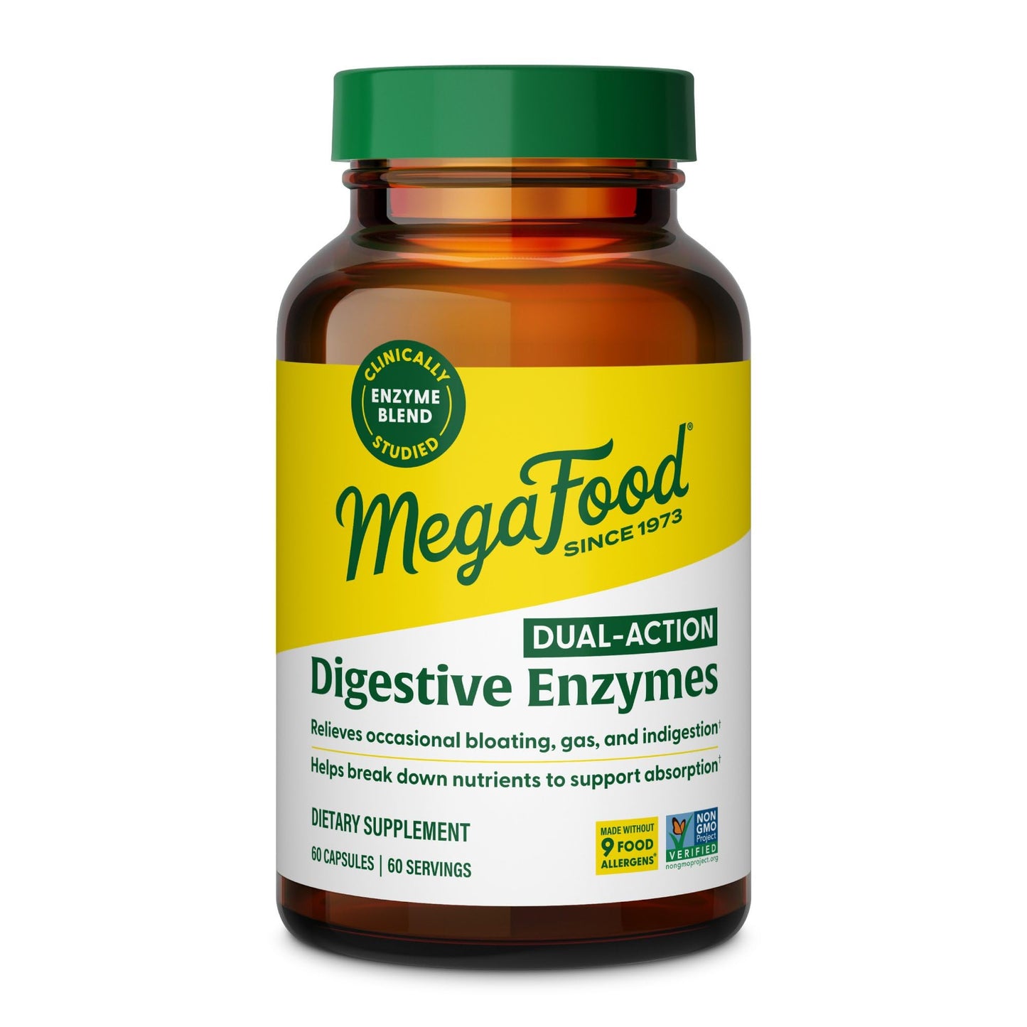 MegaFood Dual-Action Digestive Enzymes for Women & Men - Gas & Bloating Relief for Women & Men - Supports Nutrient Absorption & Digestive Health - Vegan, Gluten Free - 60 Capsules