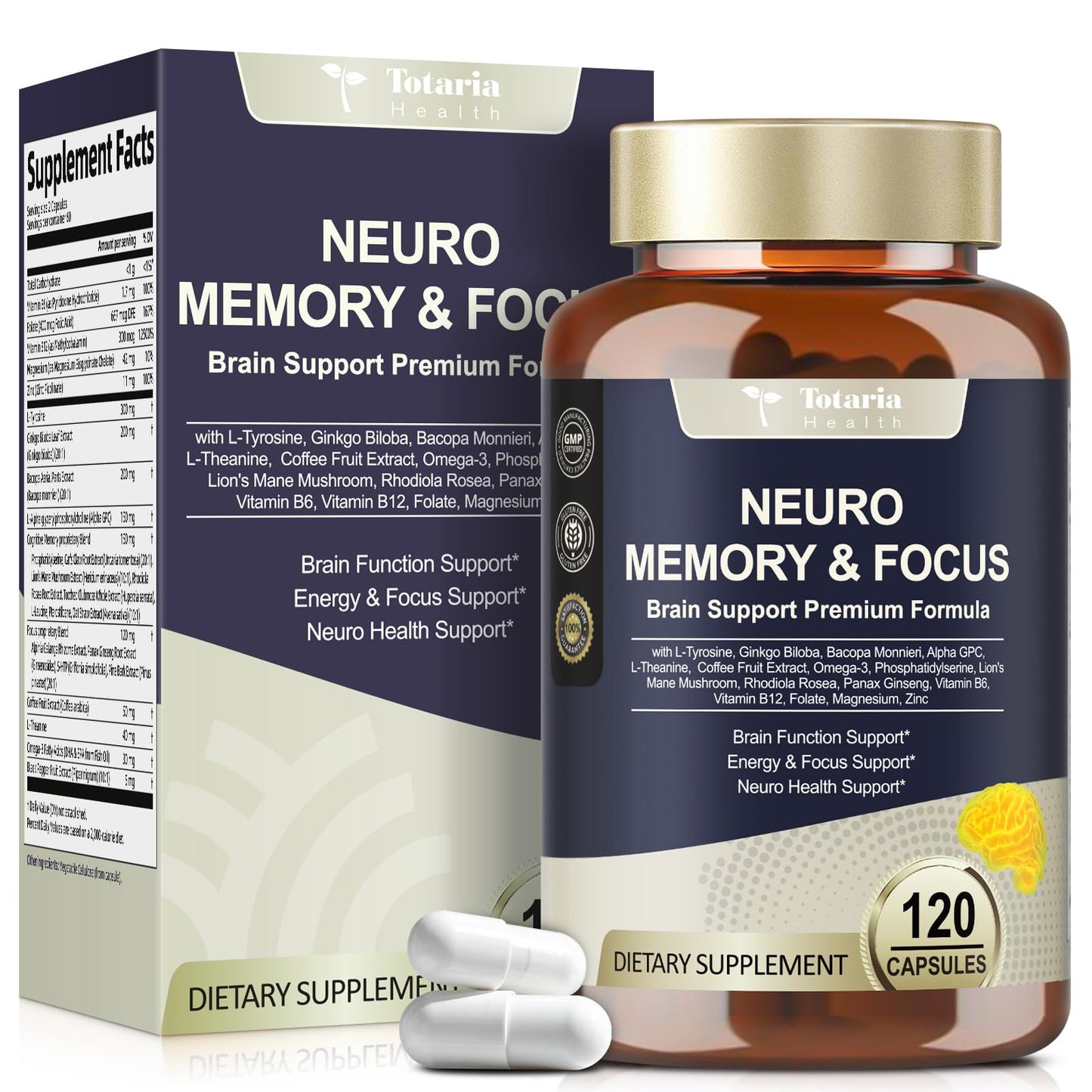 Totaria 25 in 1 Brain Supplements for Memory and Focus & Neuro Health Daily Brain Nootropic Cognitive Supplement with L-Tyrosine, Bacopa Monnieri, Ginkgo Biloba, Alpha GPC, 120 Capsules