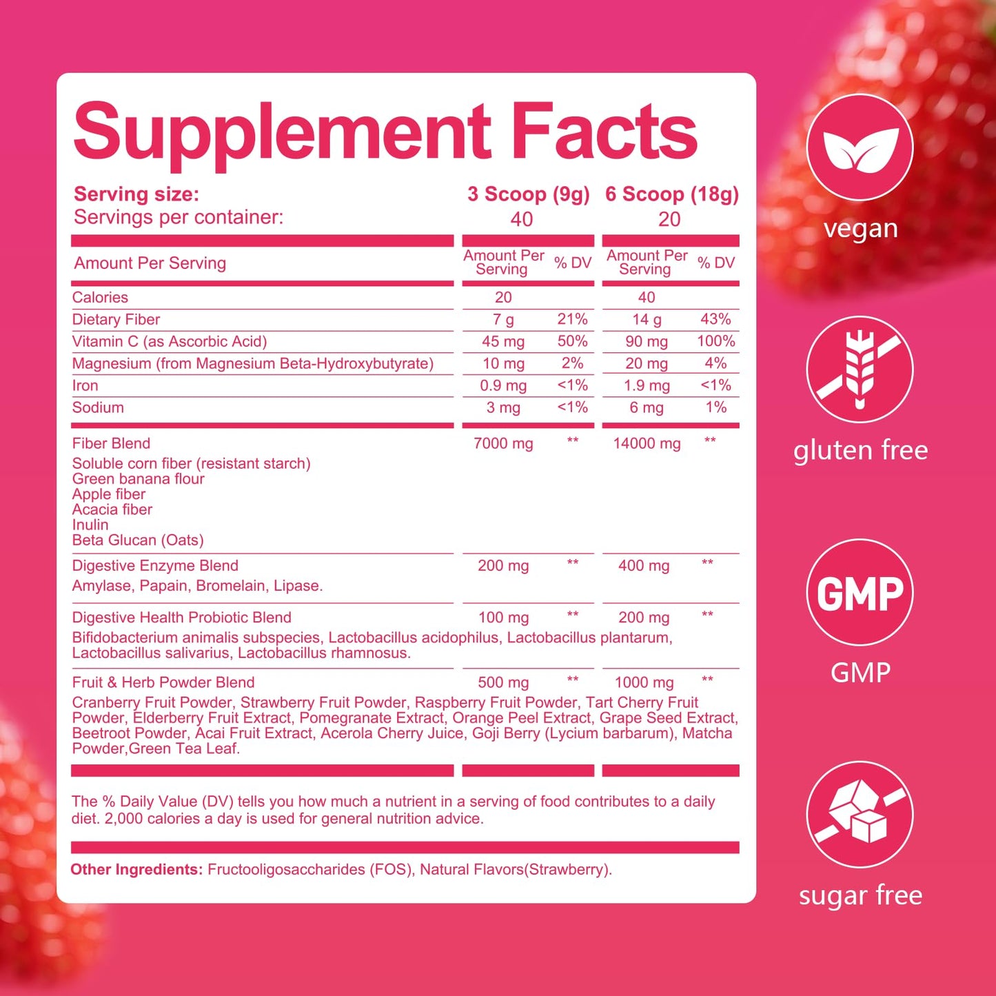 Migcopat Superfood Fiber Powder with Probiotics, Prebiotics, Digestive Enzymes, Vitamin C, Inulin, Magnesium, 14G Fiber Supplement for Digestive Support & Skin Health, Strawberry 12.7 Ounce