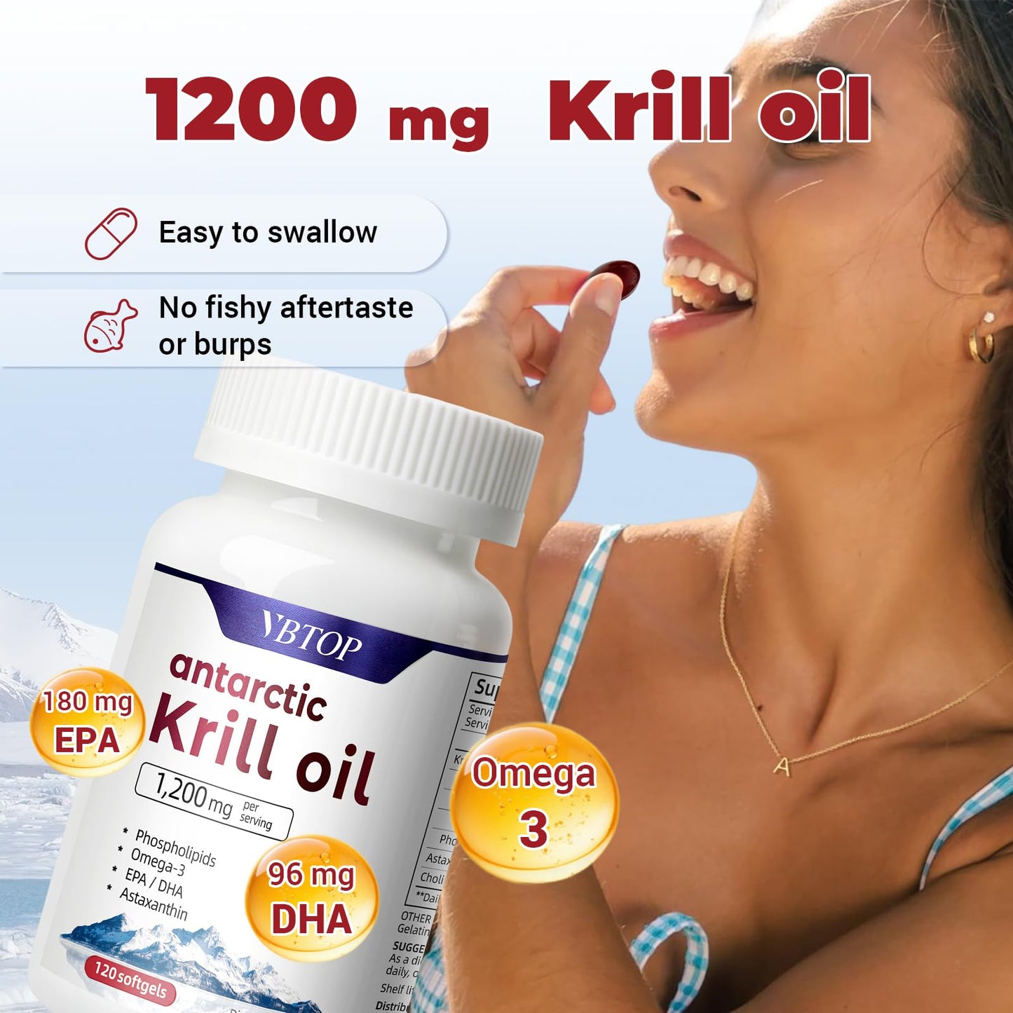 VBTOP Antarctic Krill Oil 1200mg, Omega-3 EPA DHA, Astaxanthin Softgel, 120