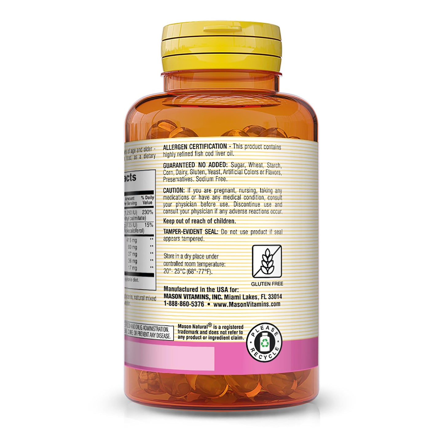 MASON NATURAL Cod Liver Oil Plus Vitamin A & D3 Softgels, 100 Count