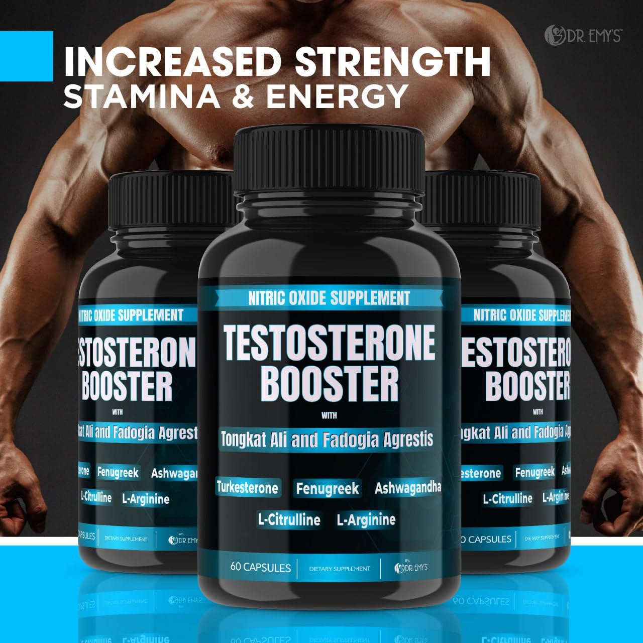 Dr. Emy's Testosterone Booster with Tongkat Ali, Fadogia Agrestis, Nitric Oxide, Ashwagandha, L-Arginine, Citrulline, Fenugreek, Turkesterone Pre-Workout Capsules, 60 Count