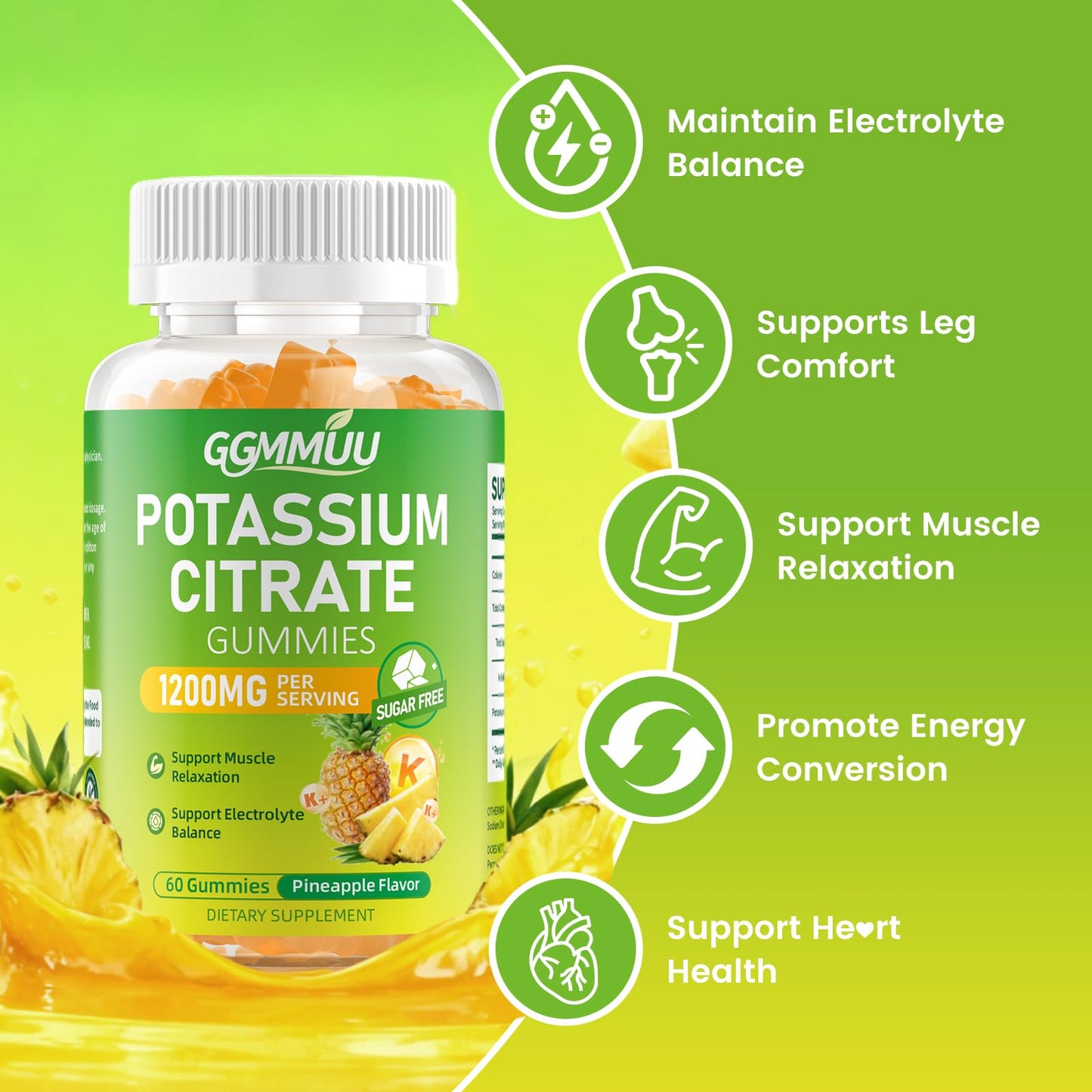 GGMMUU Potassium Citrate Gummy 1200mg, Sugar Free, Pineapple, 60 Count