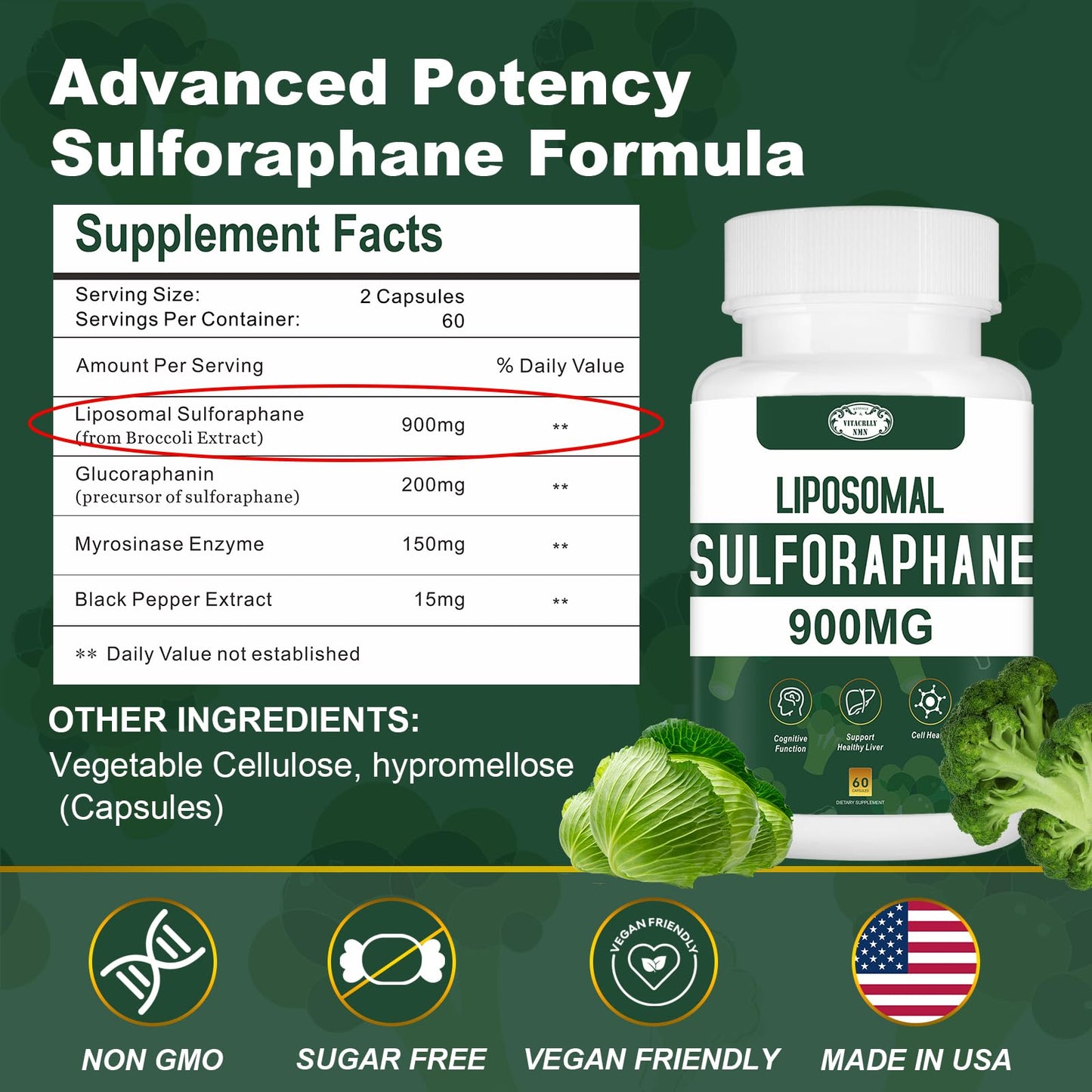 VITACRLLYNMN 900MG Liposomal Sulforaphane Supplement Broccoli Extract Capsule, 180 Capsules
