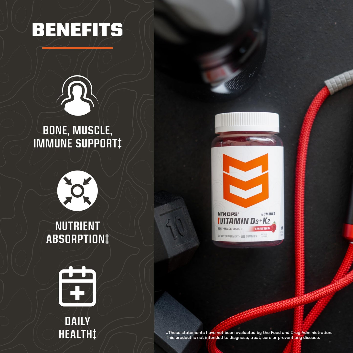 MTN OPS Vitamin D3 K2 Gummies, 5000 IU D3 & K2 MK7, 60 Gummies