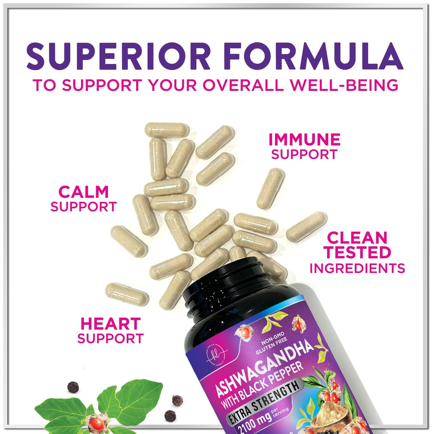 Hello Lovely! Ashwagandha Supplements for Women - Extra Strength Capsules with Black Pepper Extract - Plant Powder & Root Extract, Non-GMO, 120 Capsules