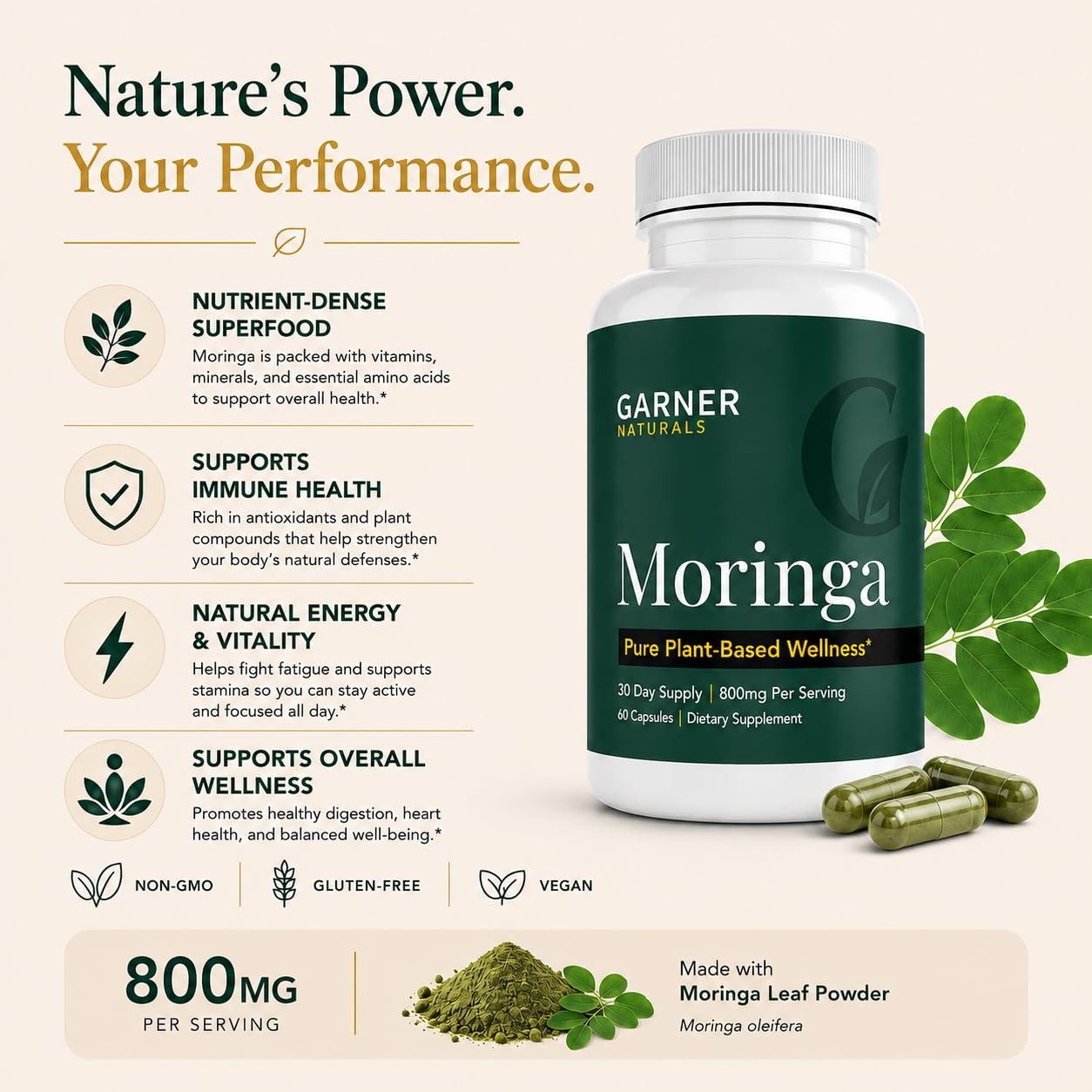 Garner Naturals Moringa Capsules 800mg, 60 Capsules