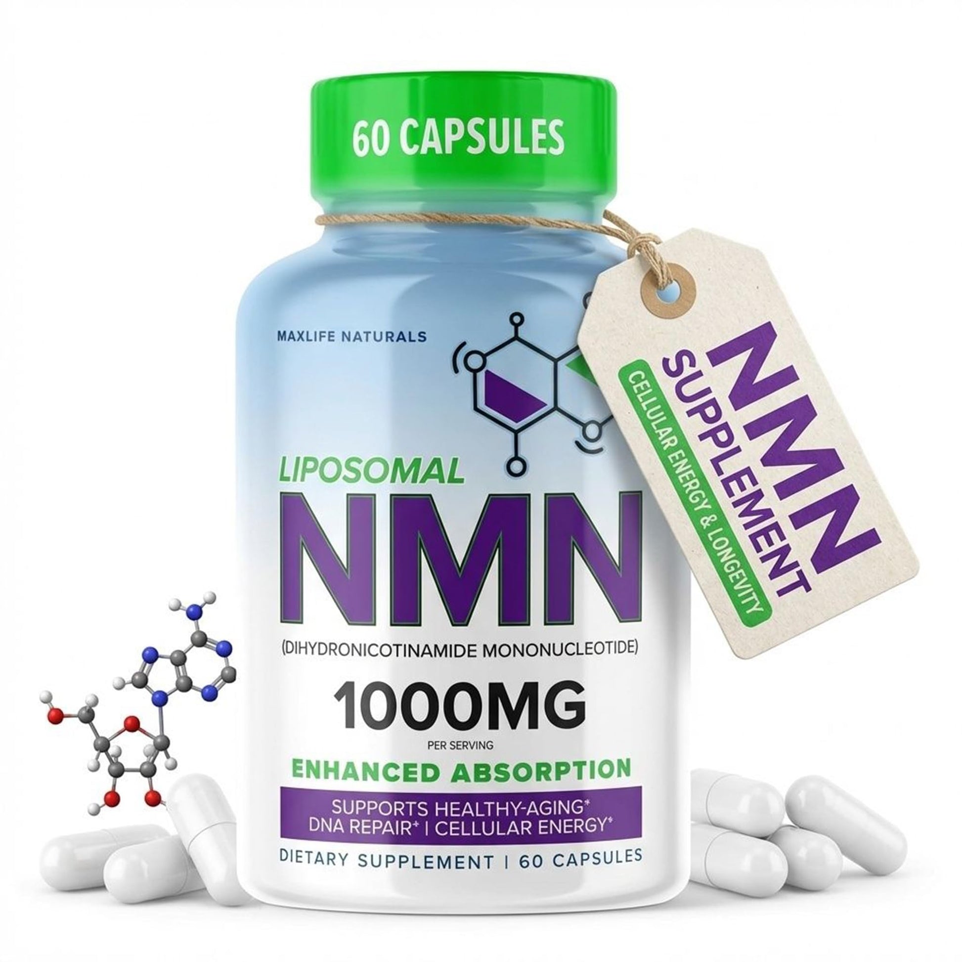 MAXLIFE NATURALS NMN Supplement 1000mg Liposomal 99% High Purity Capsule, 60 Count