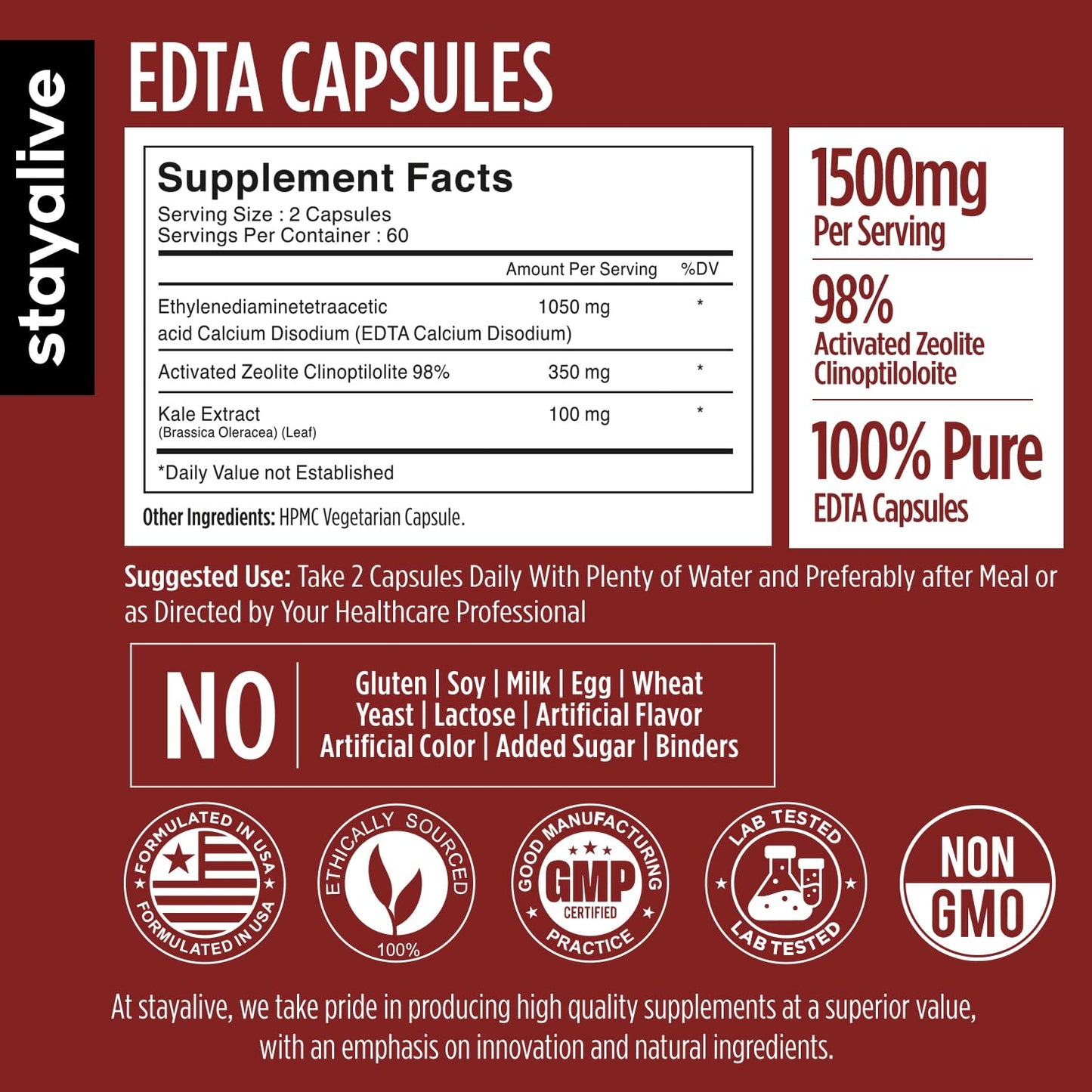 STAY ALIVE EDTA 1500mg with Zeolite 98% and Kale Extract Powder, 120 Capsules