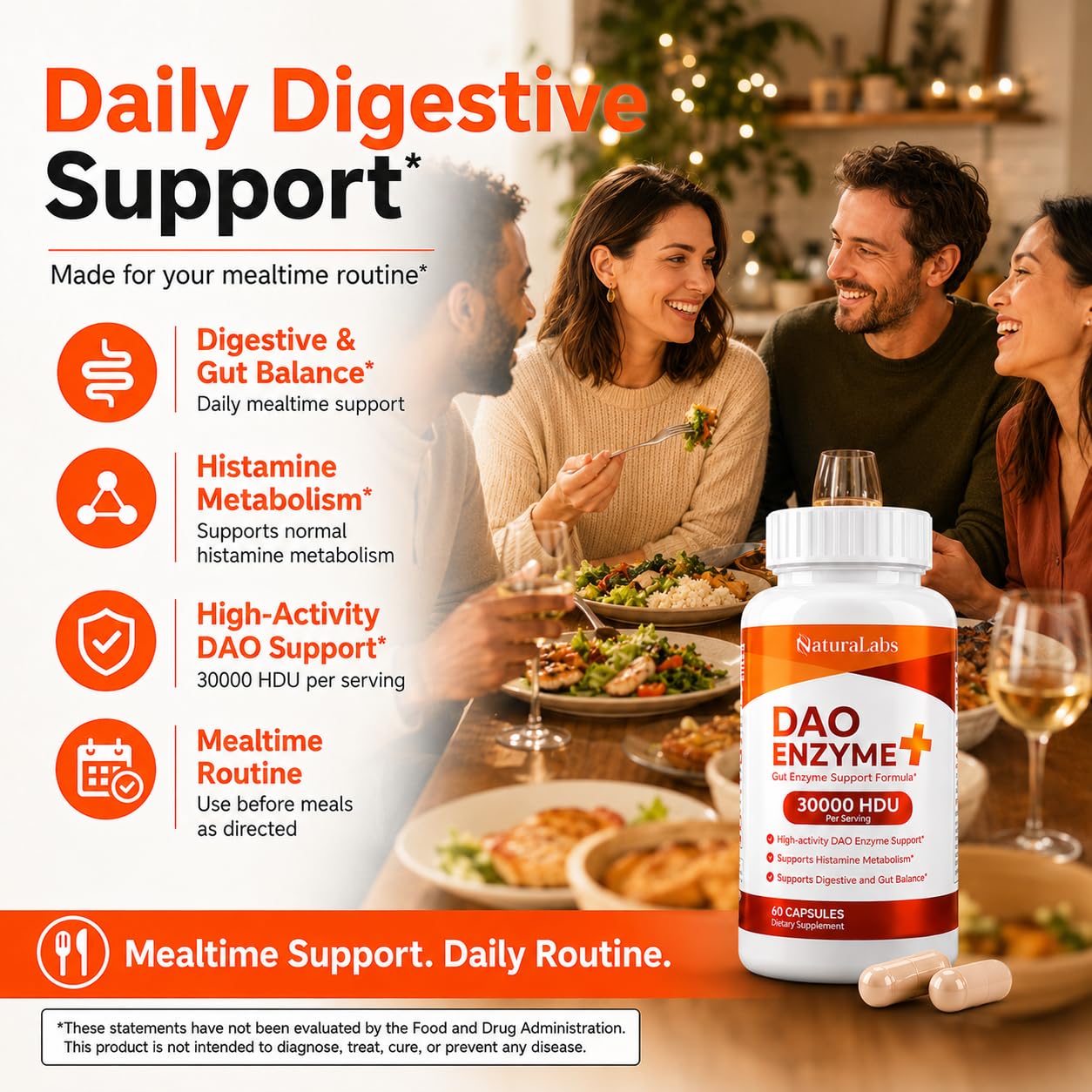 NATURALABS DAO Enzyme + Histamine Blocker - Triple-Strength 30,000 HDU Formula with Vitamin C Capsules 60 Count