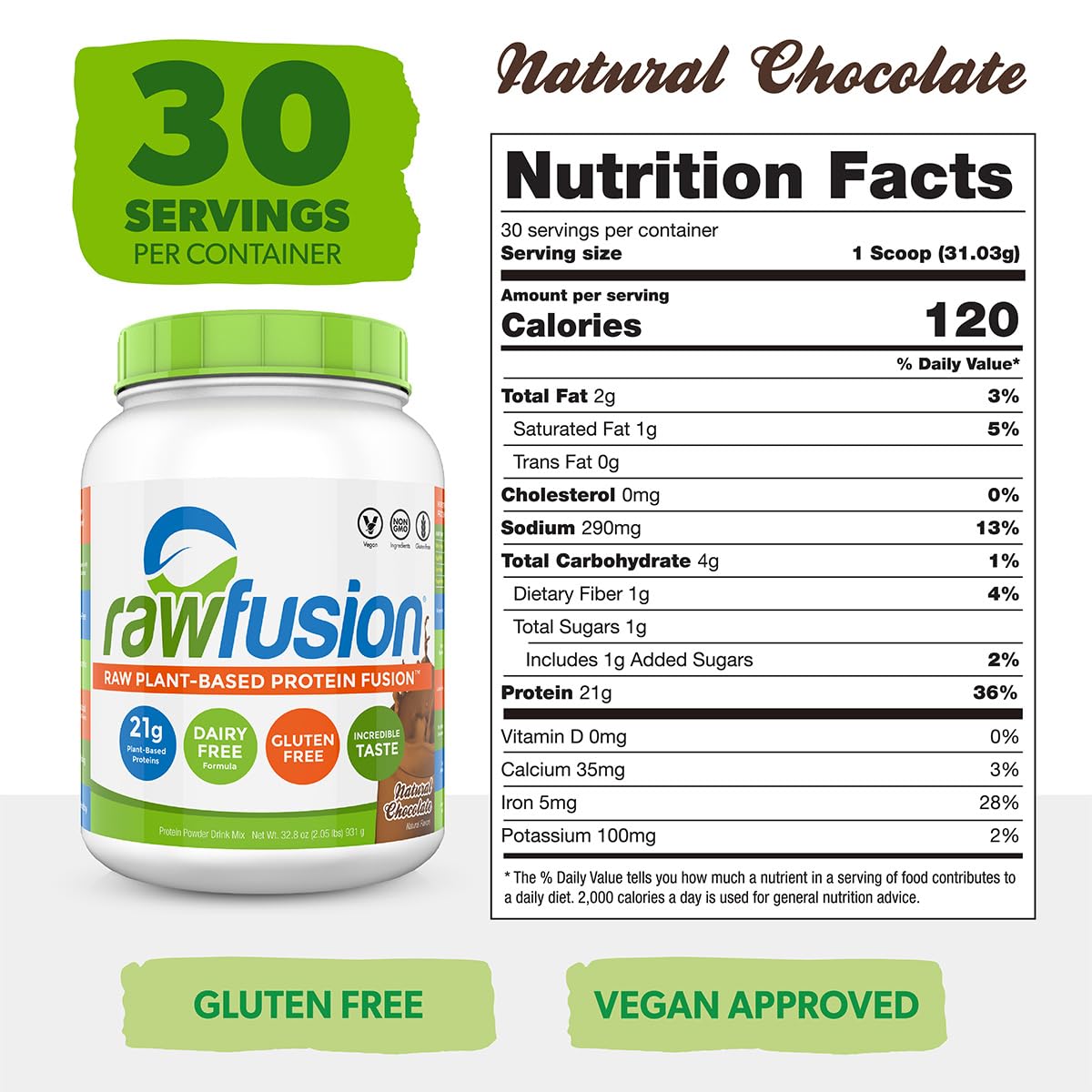 SAN Rawfusion Vegan Protein Powder, Natural Chocolate, 30 Servings, 2 lb