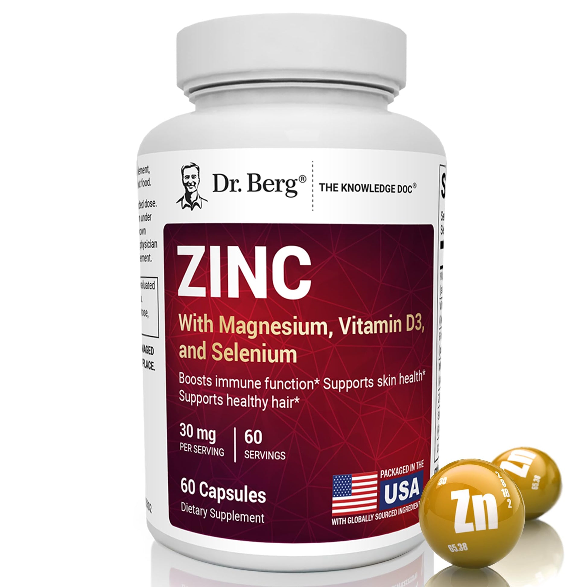 Dr. Berg Nutritionals Zinc 30mg Enhanced with Magnesium, Vitamin D3, Selenium, & Copper - Chelated Zinc for Immune, Skin, Hair, & Nails Support, Capsules, 60 Count