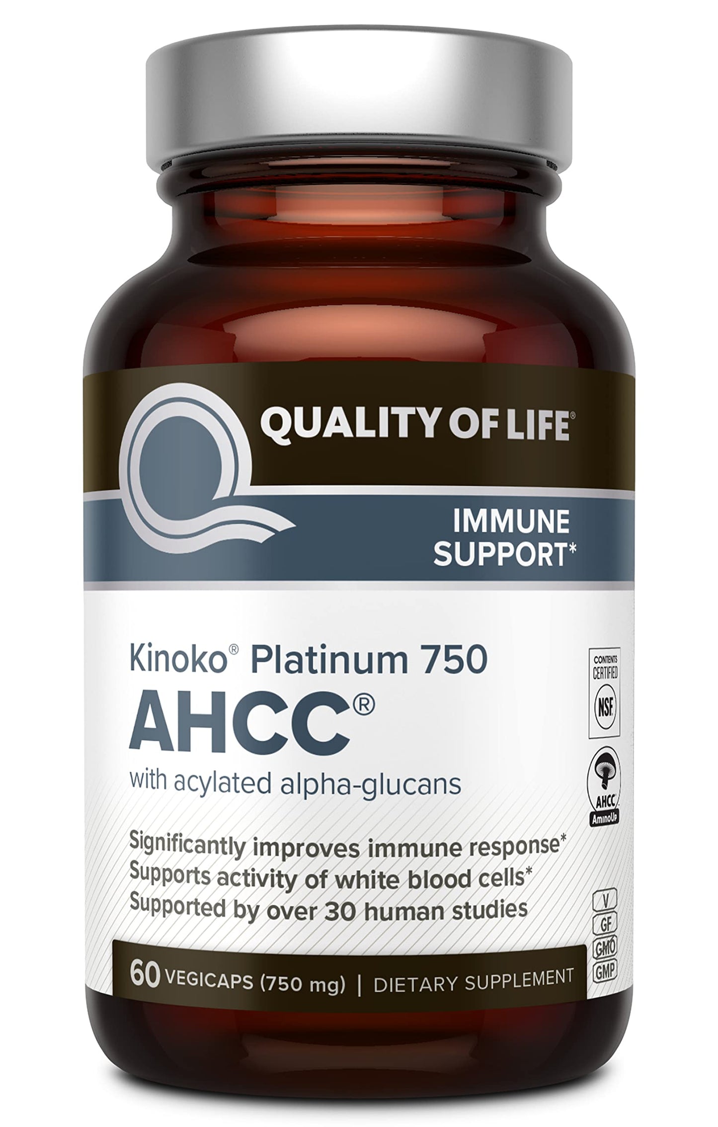 Quality of Life Kinoko Platinum AHCC 750 mg and Oligonol Lychee Extract Capsules, 90 Capsules