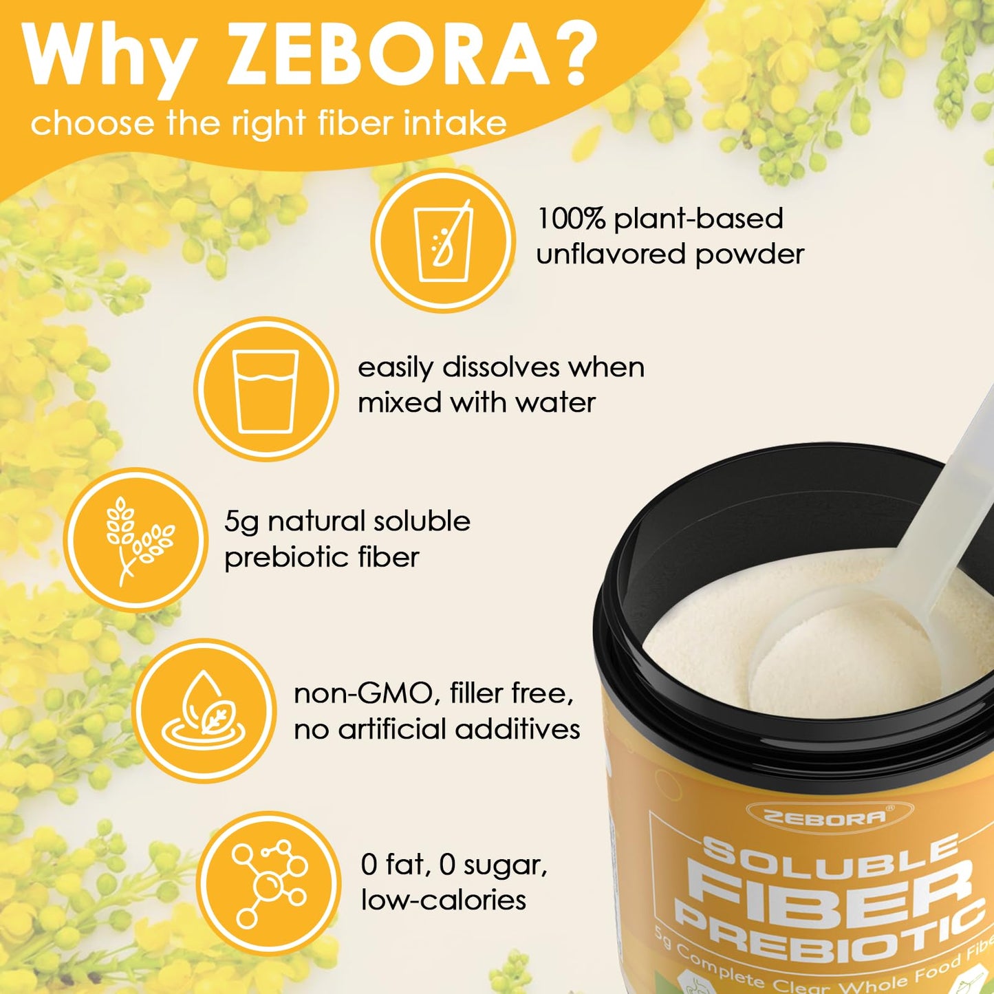ZEBORA Soluble Prebiotic Fiber Powder 12.35 oz