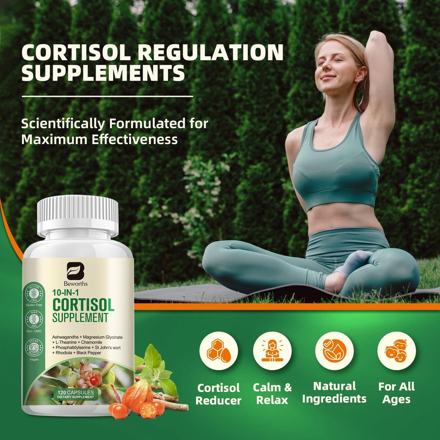 B BEWORTHS Cortisol Supplements for Women Men, 10-in-1 Cortisol Detox with Ashwagandha, Magnesium, L-Theanine, Balanced Cortisol Levels, Night & Calm Support 120 Capsules