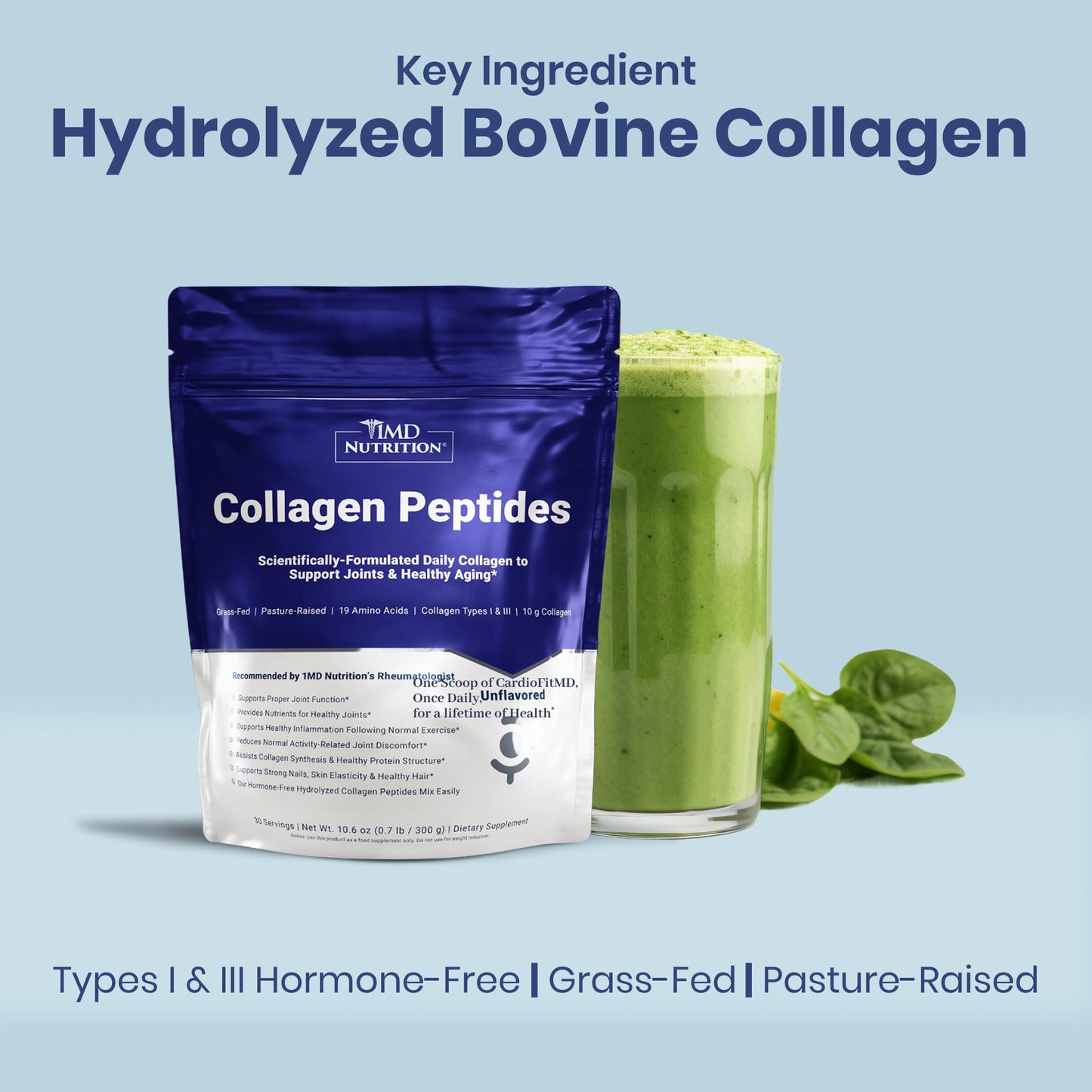 1MD Nutrition Collagen Peptides - Hydrolyzed Collagen Powder Types I & III for Women & Men - Joint, Hair & Nail Support - Unflavored, 10.58 oz