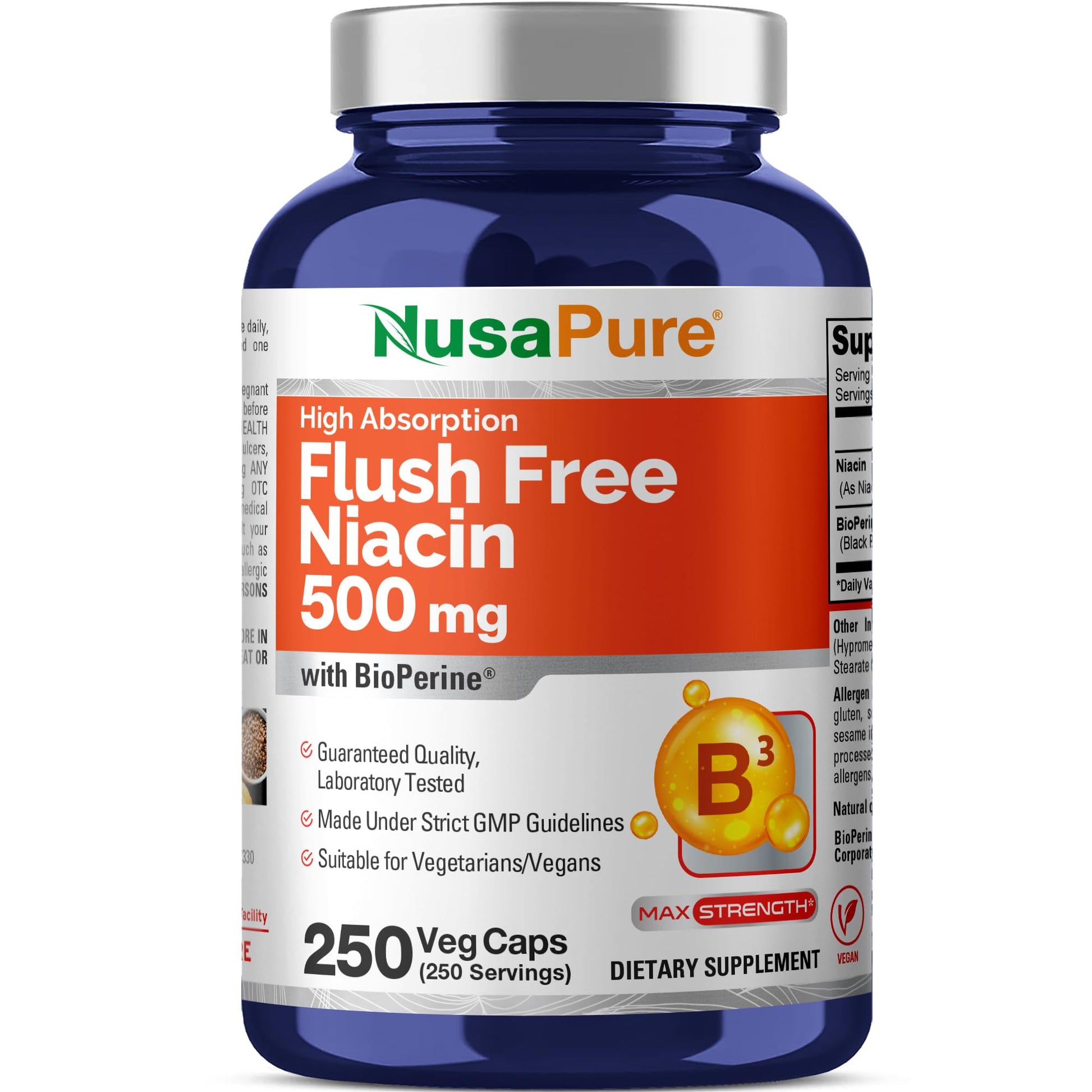 NusaPure Flush Free Niacin 500 mg Capsules, 250 Count