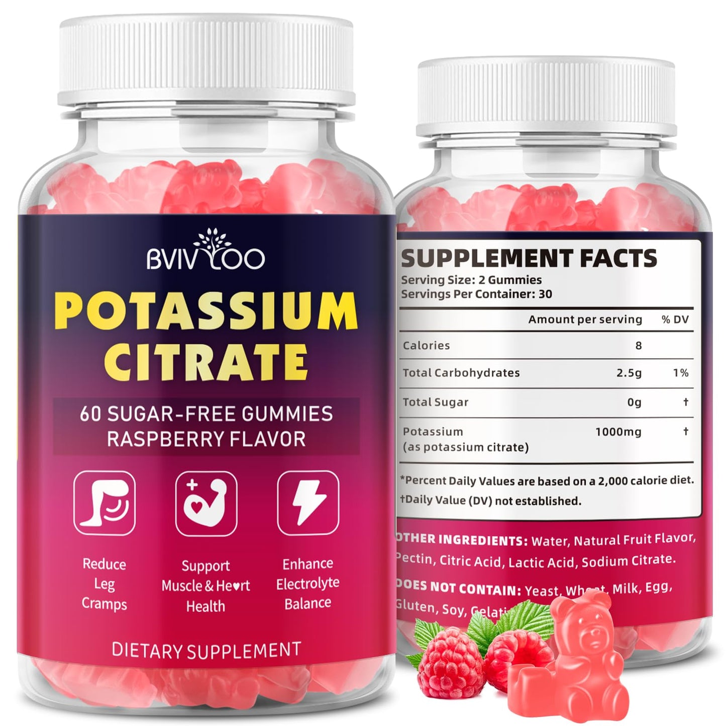 BVIVLOO Potassium Citrate Gummies 1000mg, Sugar-Free, Supports Leg Cramps & Electrolyte Balance, 60 Count