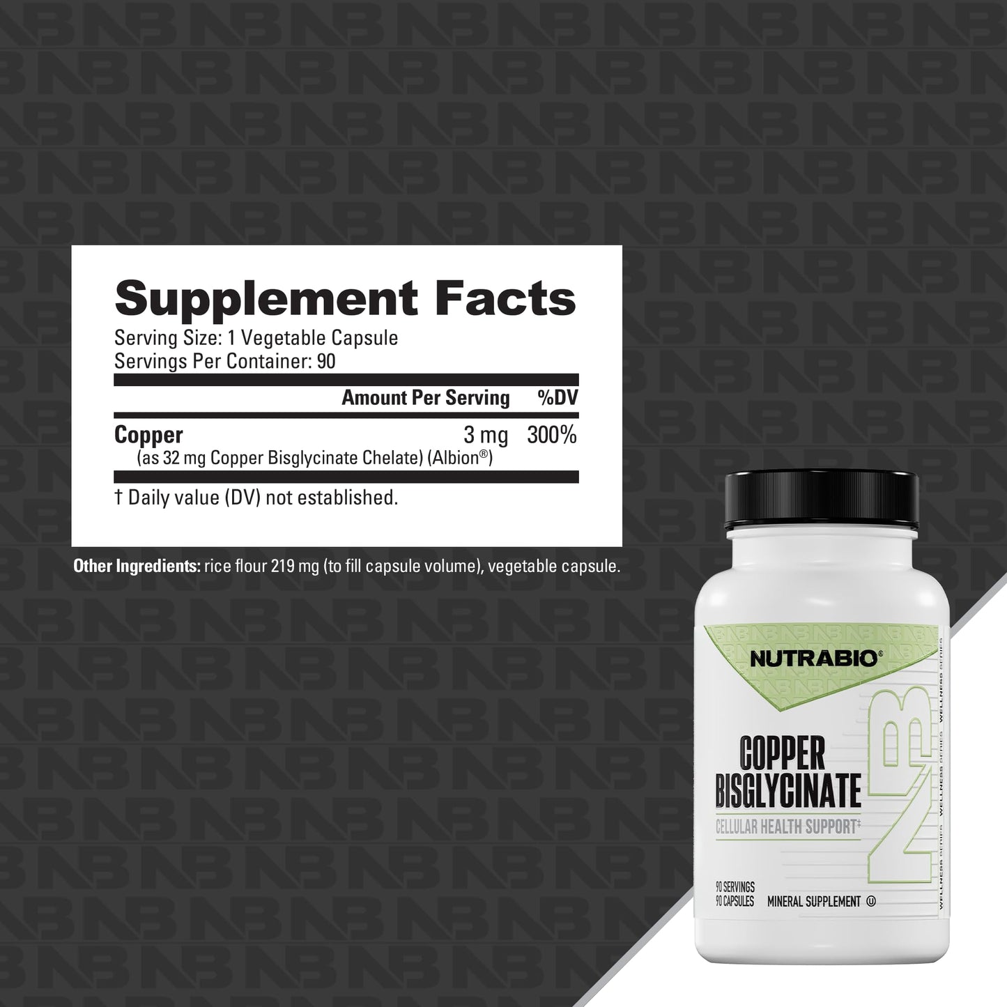 NutraBio Chelated Copper Bisglycinate Supplement 90 Capsules