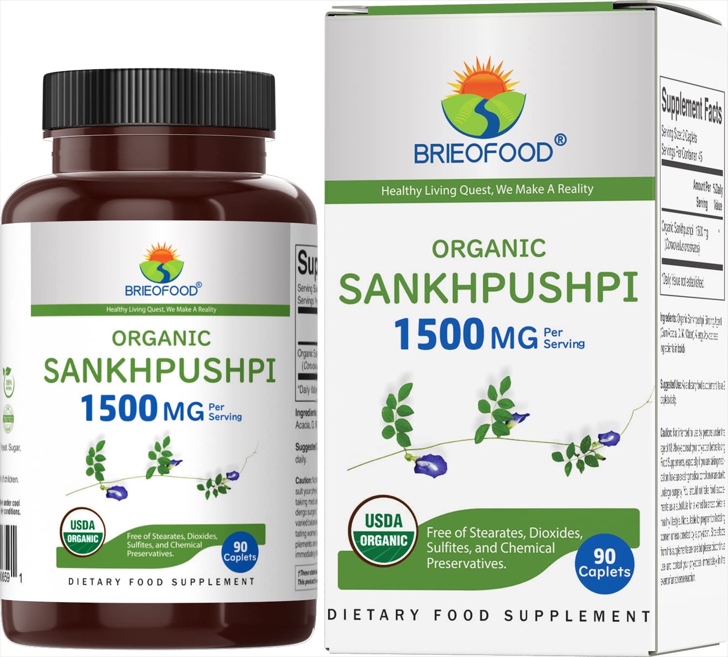 Brieofood Organic Sankhpushpi 1500mg Tablets, 90 Count
