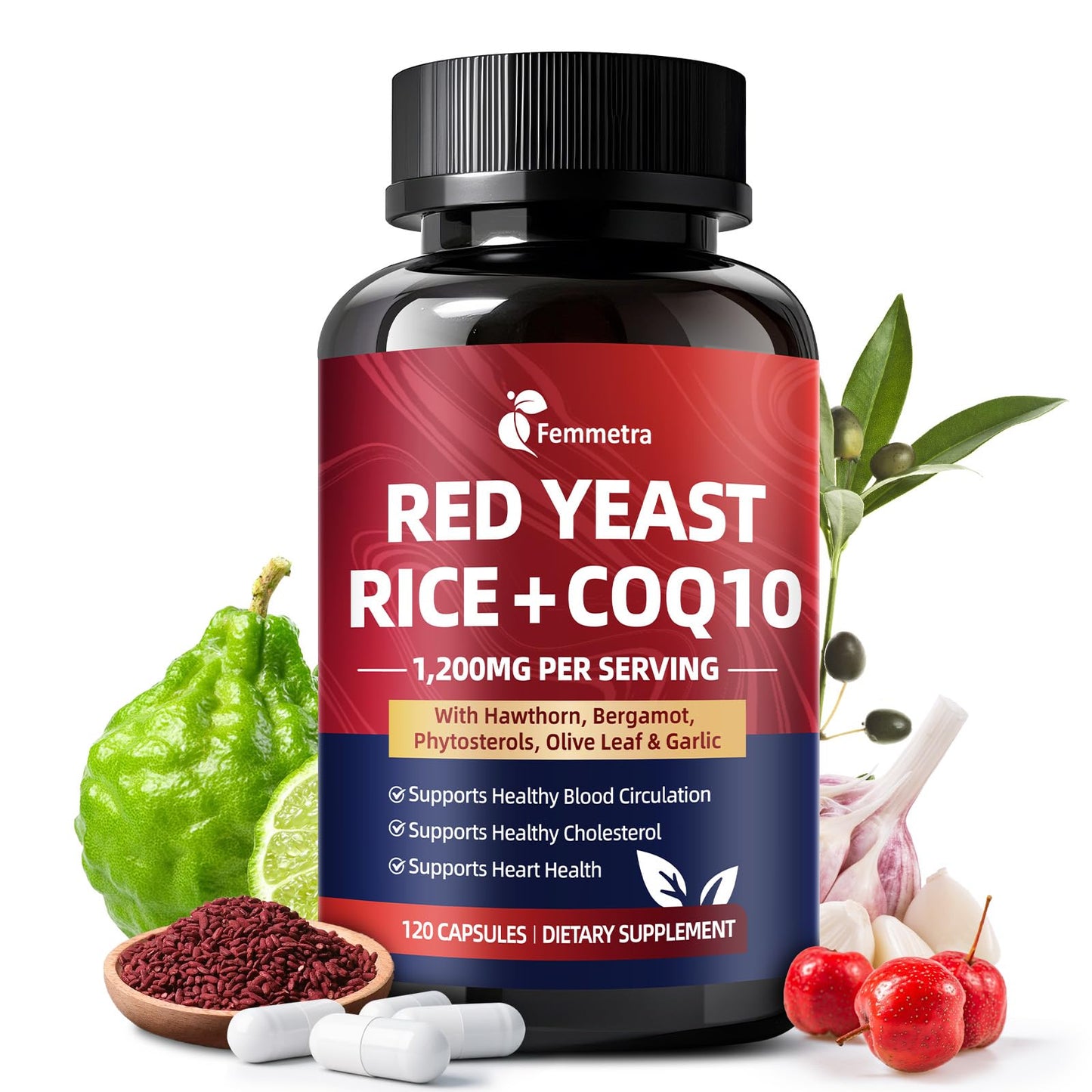 Femmetra Red Yeast Rice 1200mg with CoQ10 Capsule, 120 Count
