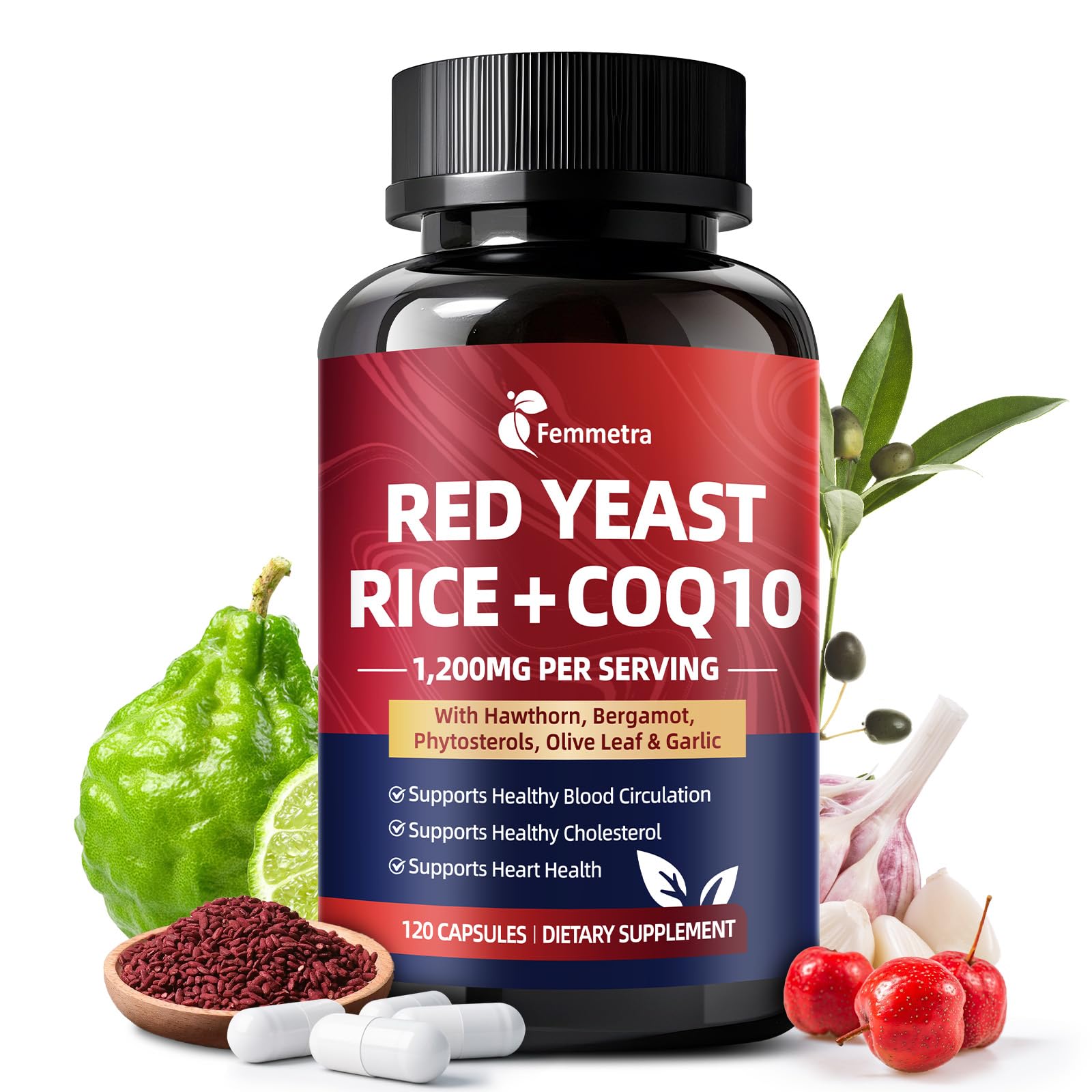 Femmetra Red Yeast Rice 1200mg with CoQ10 Capsule, 120 Count