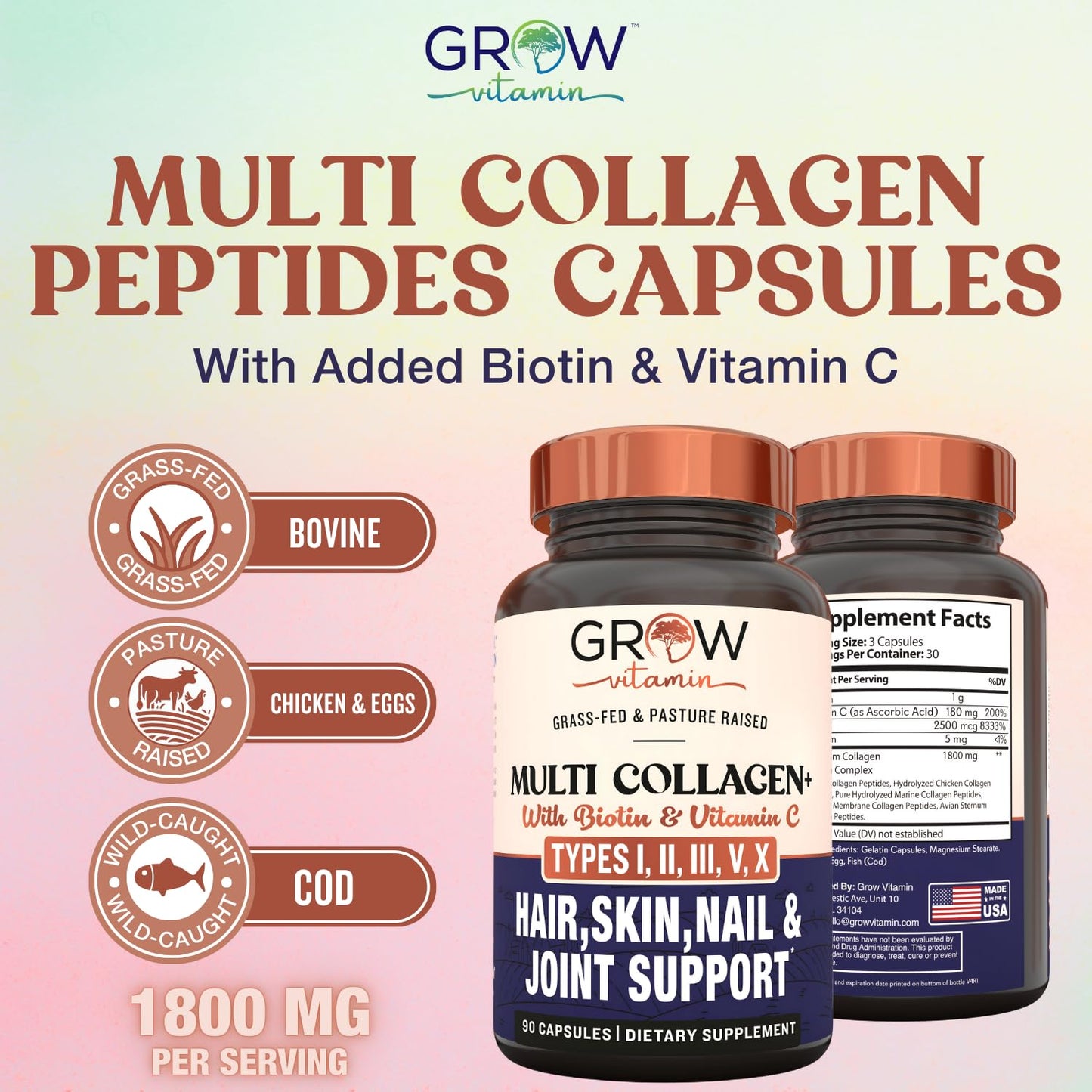 Grow Vitamin Multi Collagen Capsules 1800mg (Types I, II, III, V & X), Non-GMO, Grass-Fed Collagen, Hair, Skin, Nails & Joint Support, 90 Capsules