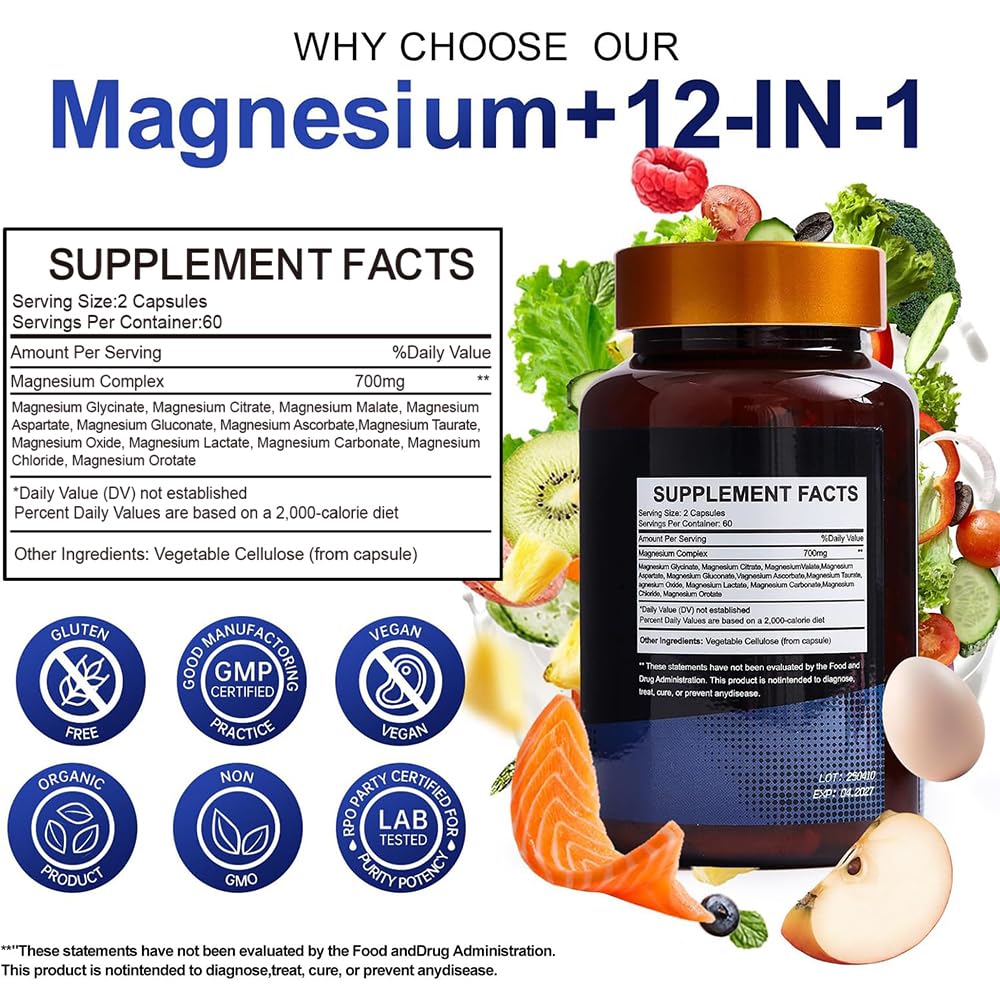 Vccvaa Magnesium Complex 700mg – 12-in-1 Sugar Free Multivitamin Gummies, 180 Count